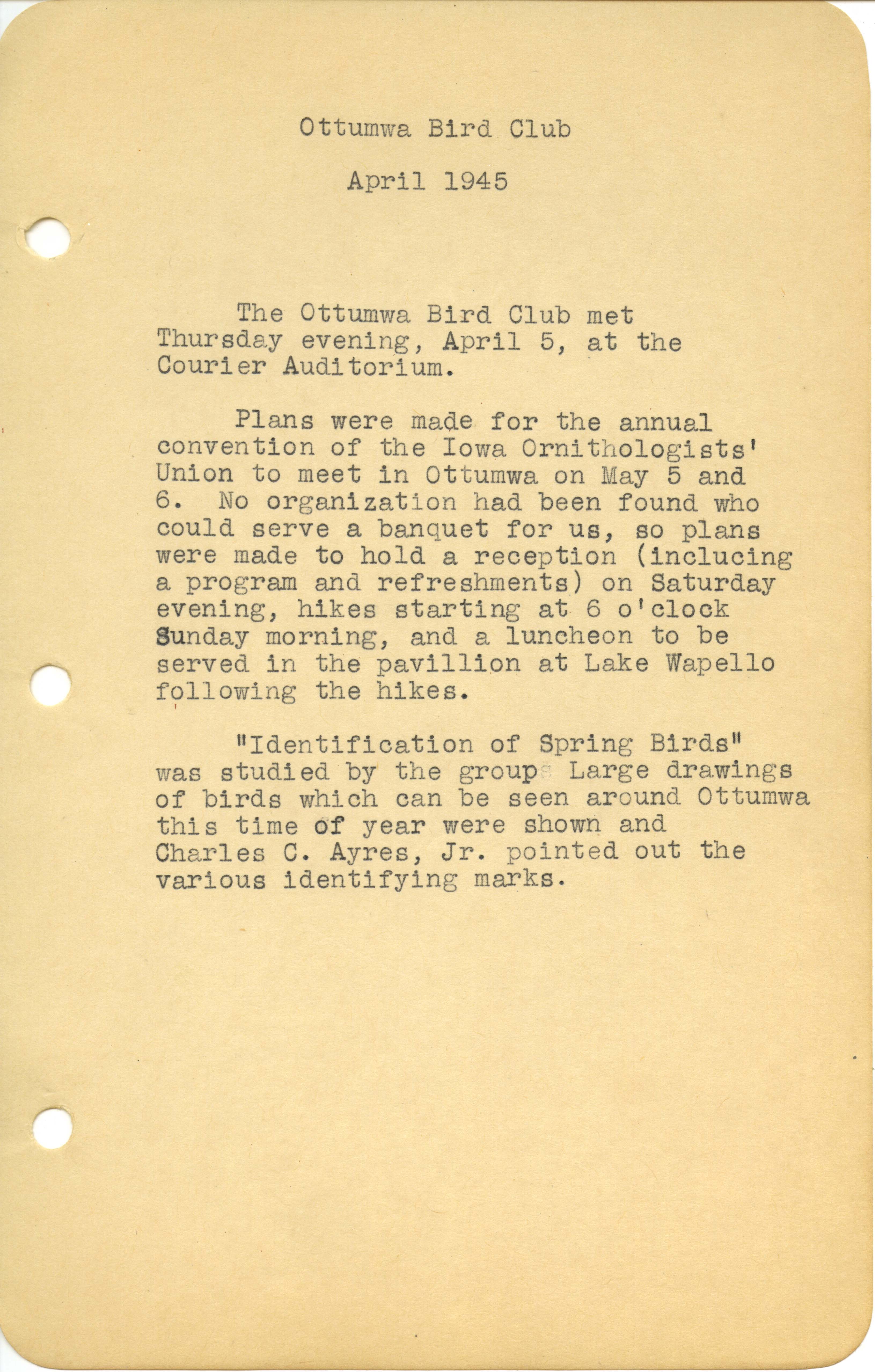 Meeting minutes from the Ottumwa Bird Club, April 5, 1945