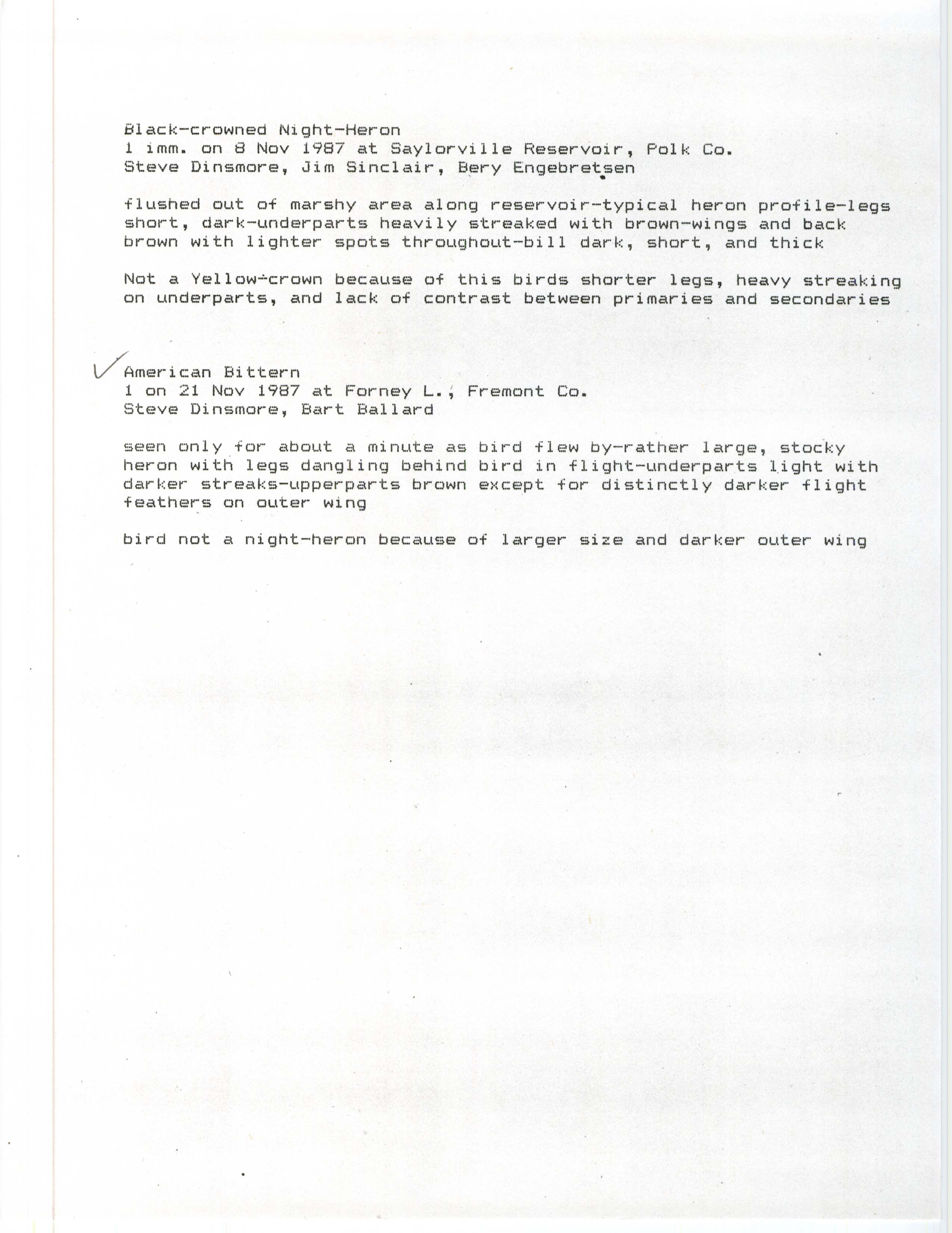 Documentation of American Bittern and Black-crowned Night Heron sightings, 1987