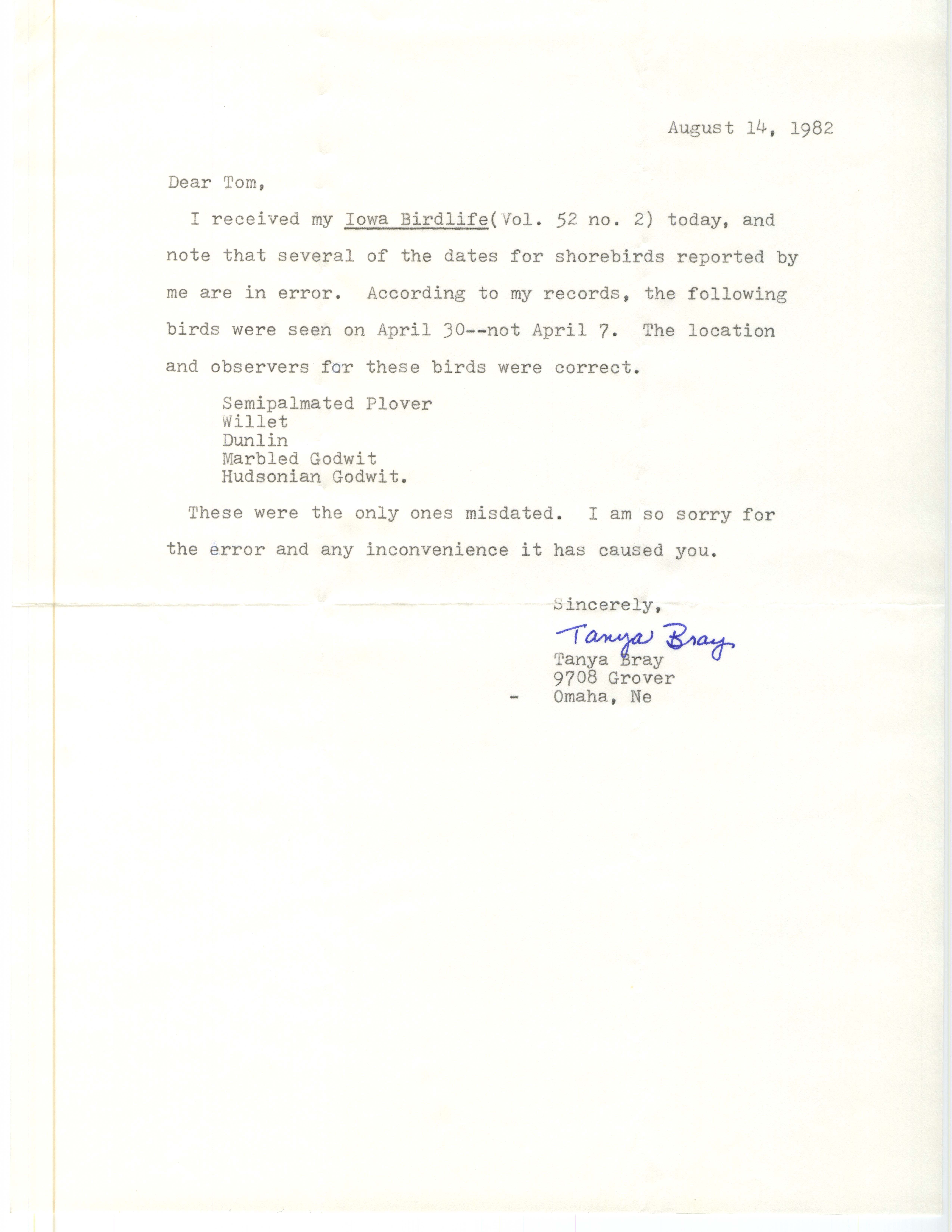 Tanya Bray letter to Thomas H. Kent regarding field notes, August 14, 1982