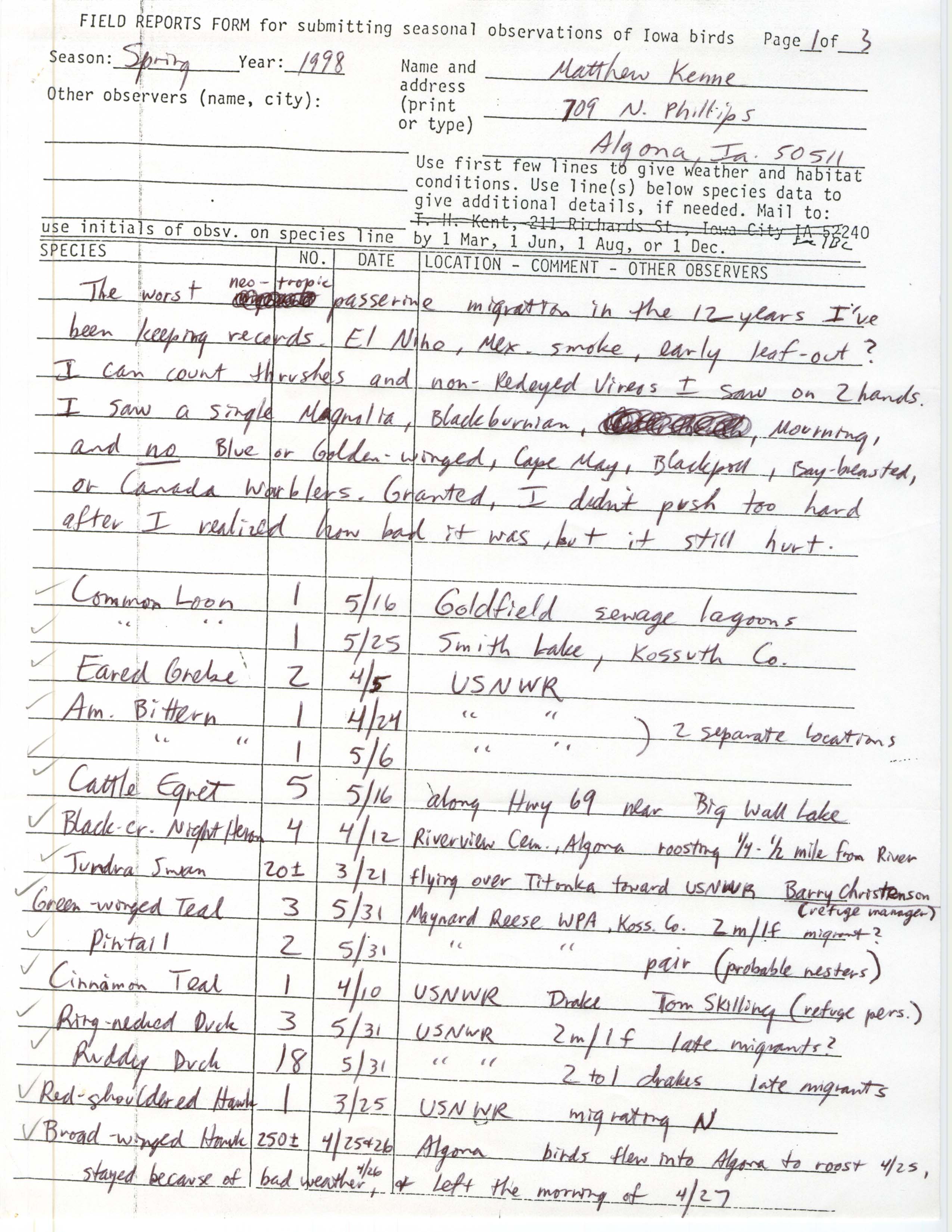Field reports form for submitting seasonal observations of Iowa birds, Matthew Kenne, spring 1998