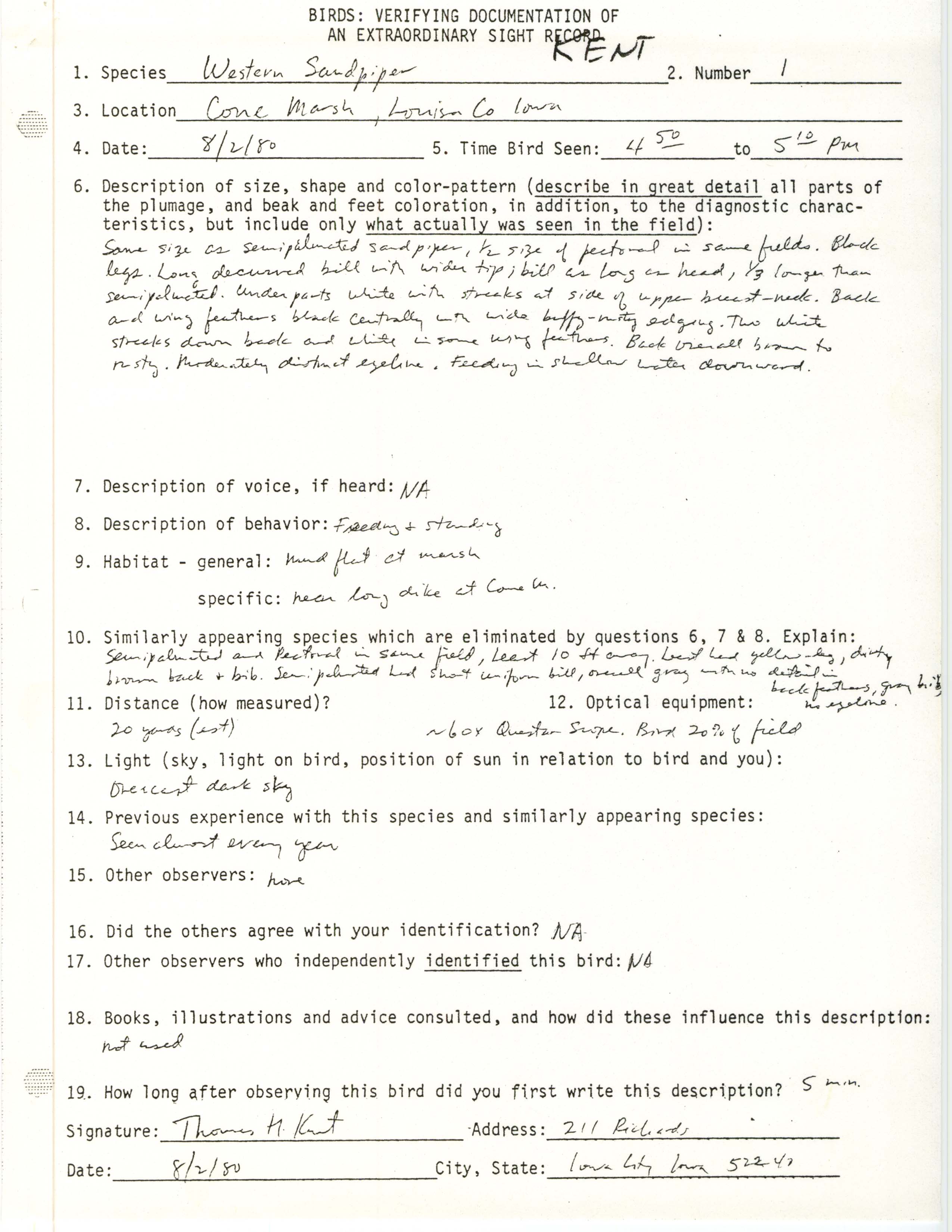 Rare bird documentation form for Western Sandpiper at Cone Marsh, 1980