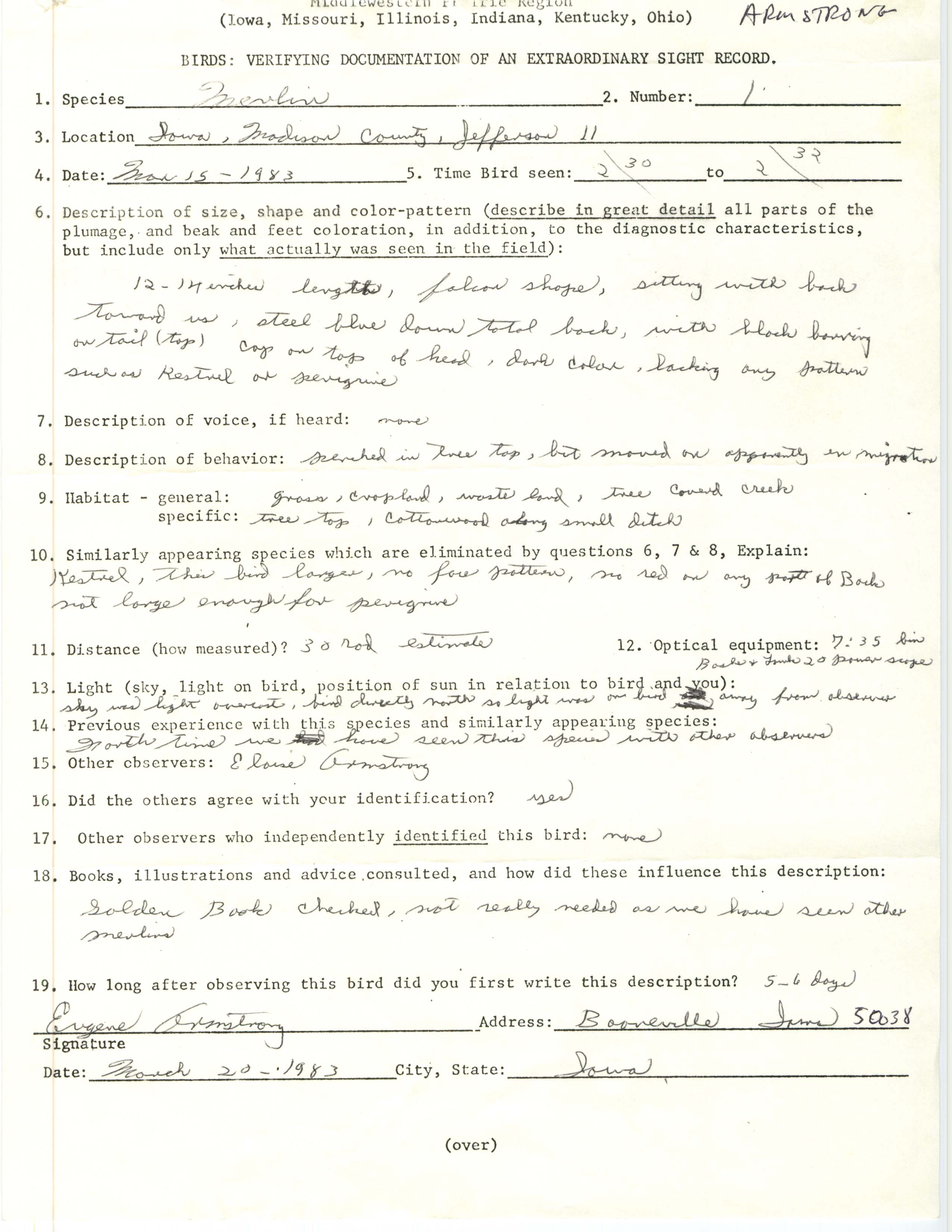 Rare bird documentation form for Merlin at Jefferson Township, 1983