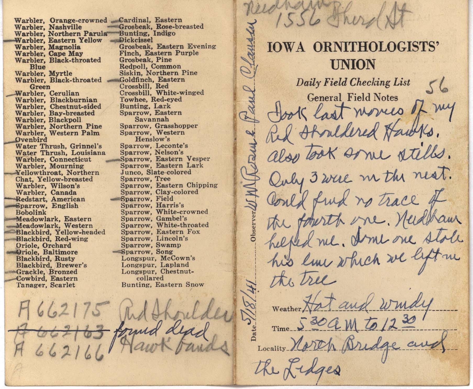 Daily field checking list by Walter Rosene, May 18, 1941