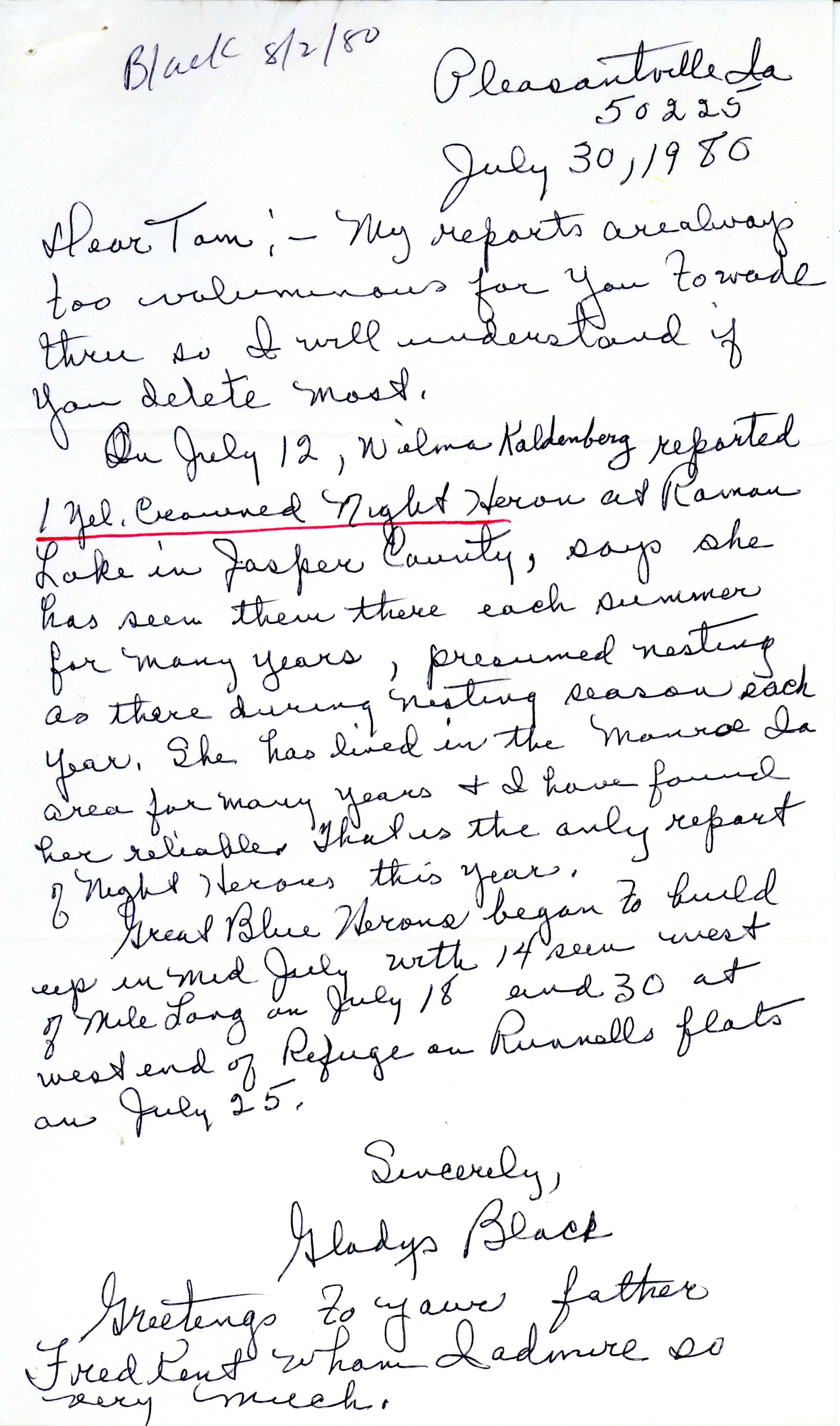 Gladys Black letter to Thomas H. Kent regarding bird sightings, July 30, 1980