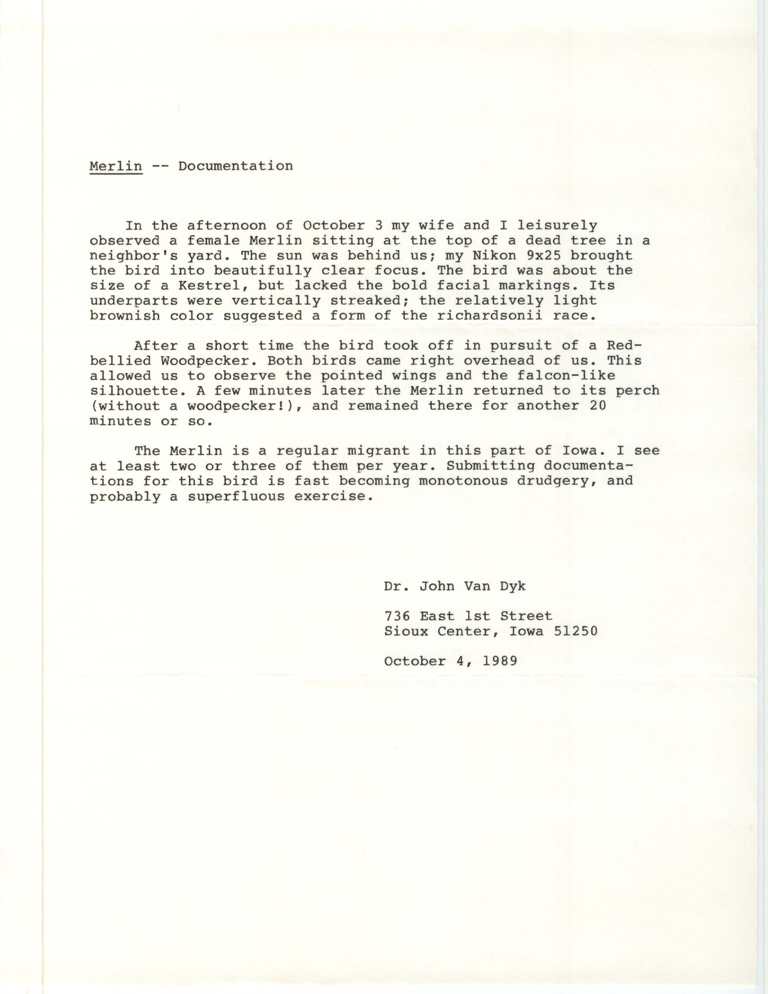 Rare bird documentation form for Merlin at Sioux Center, 1989