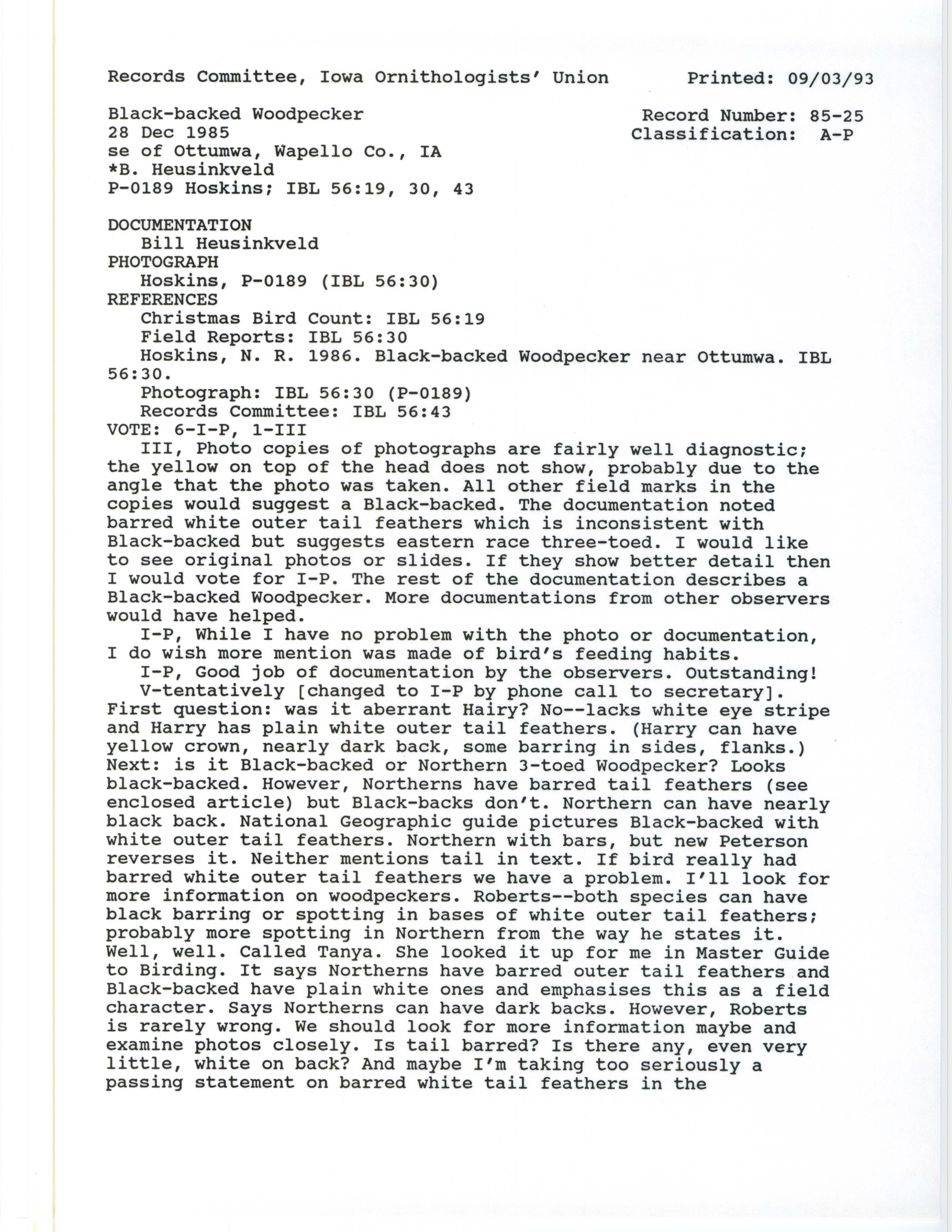 Records Committee review for rare bird sighting for Black-backed Woodpecker at Camp Arrowhead near Ottumwa, 1985