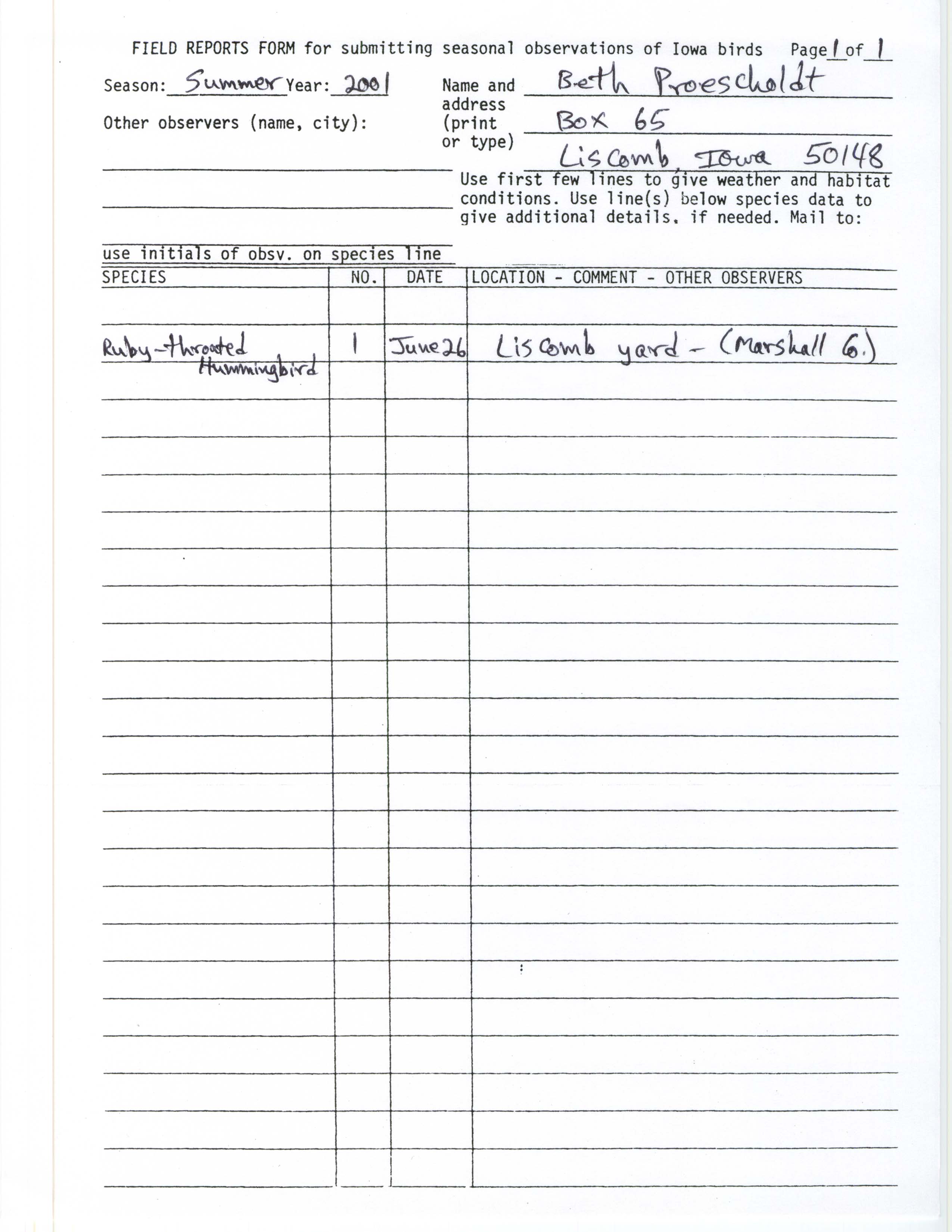 Field reports form for submitting seasonal observations of Iowa birds, Beth Proescholdt, summer 2001