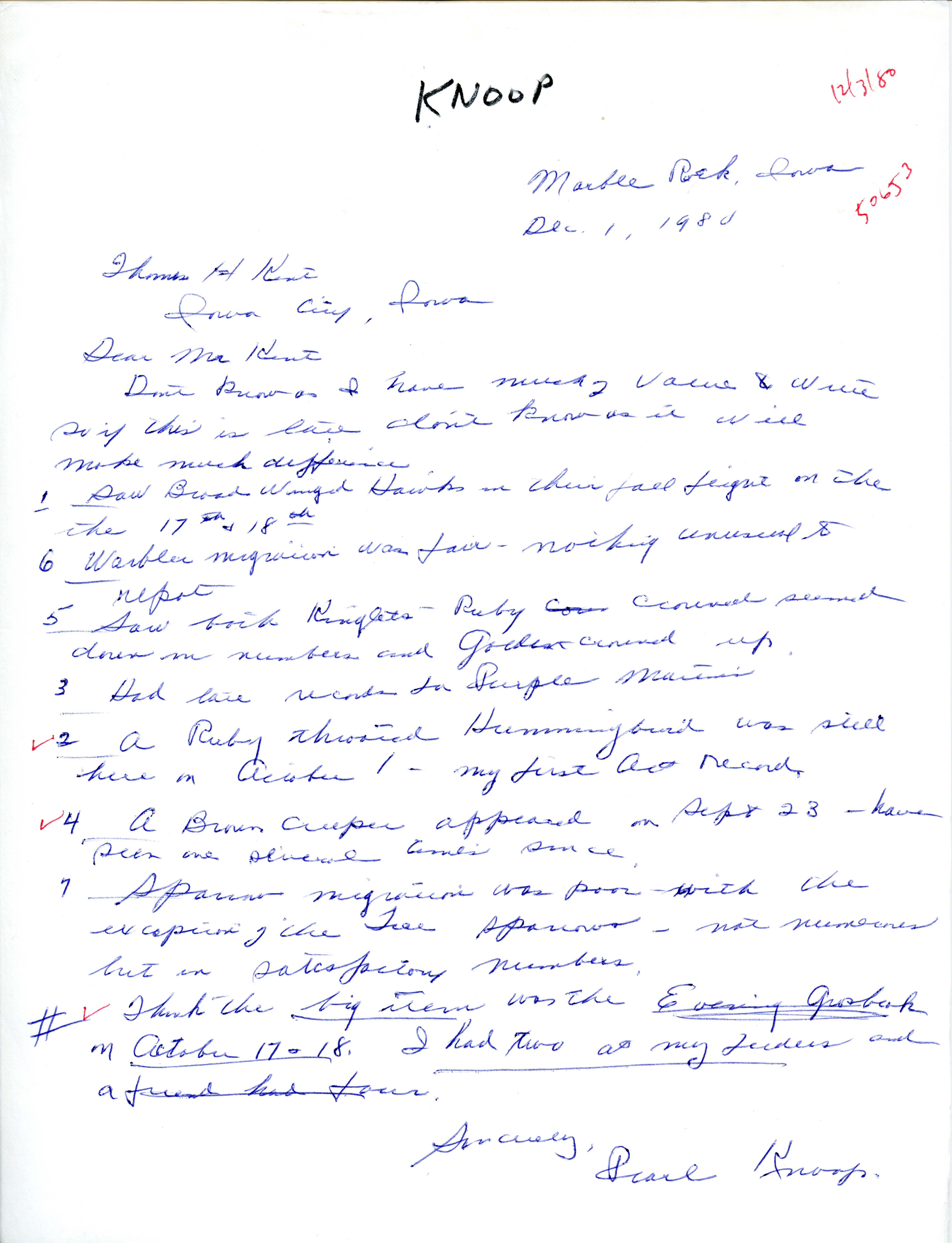 Pearl Knoop letter to Thomas H. Kent regarding bird sightings, December 1, 1980