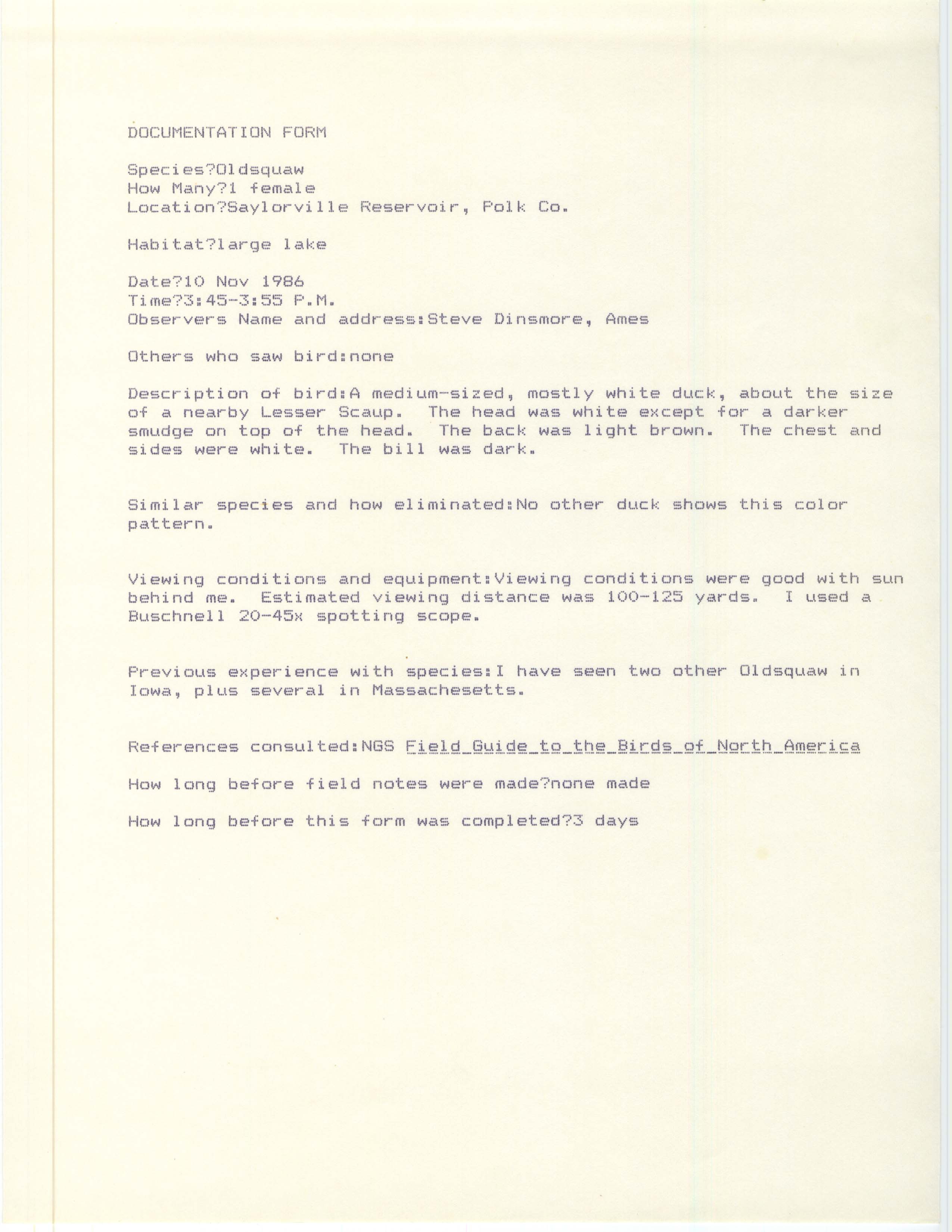 Rare bird documentation form for Long-tailed Duck at Saylorville Reservoir, 1986