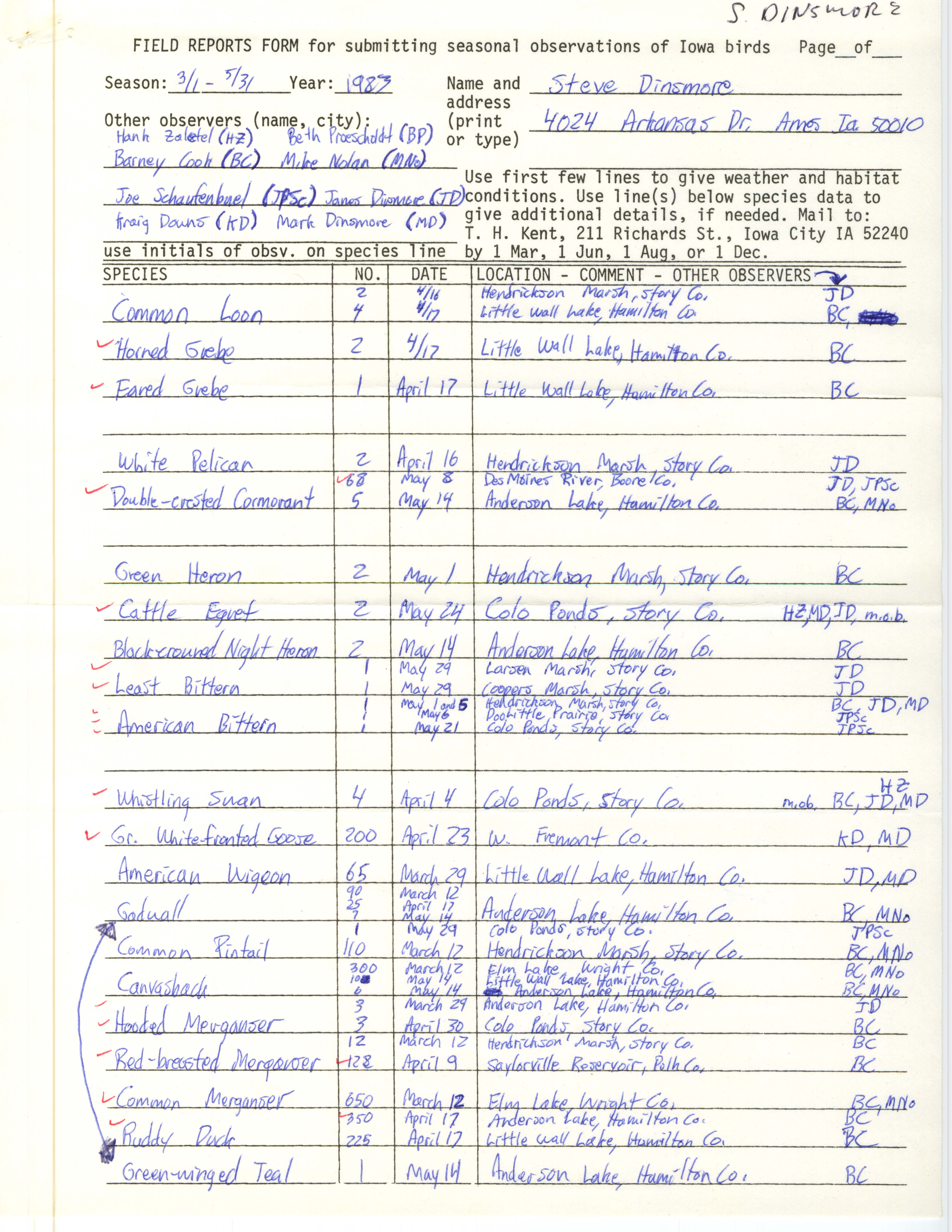 Field reports form for submitting seasonal observations of Iowa birds, Stephen J. Dinsmore, spring 1983