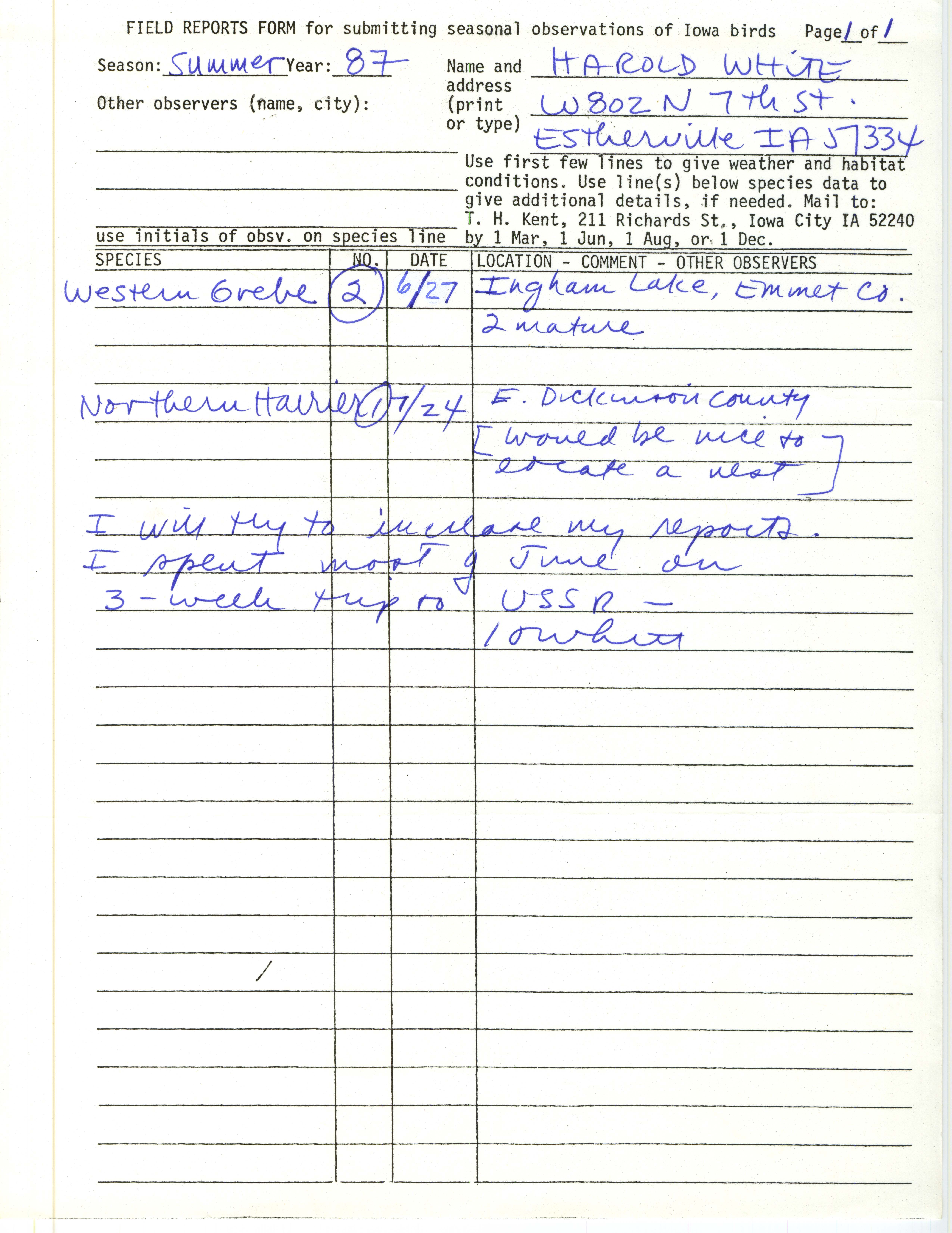 Field reports form for submitting seasonal observations of Iowa birds, Harold W. White, summer 1987