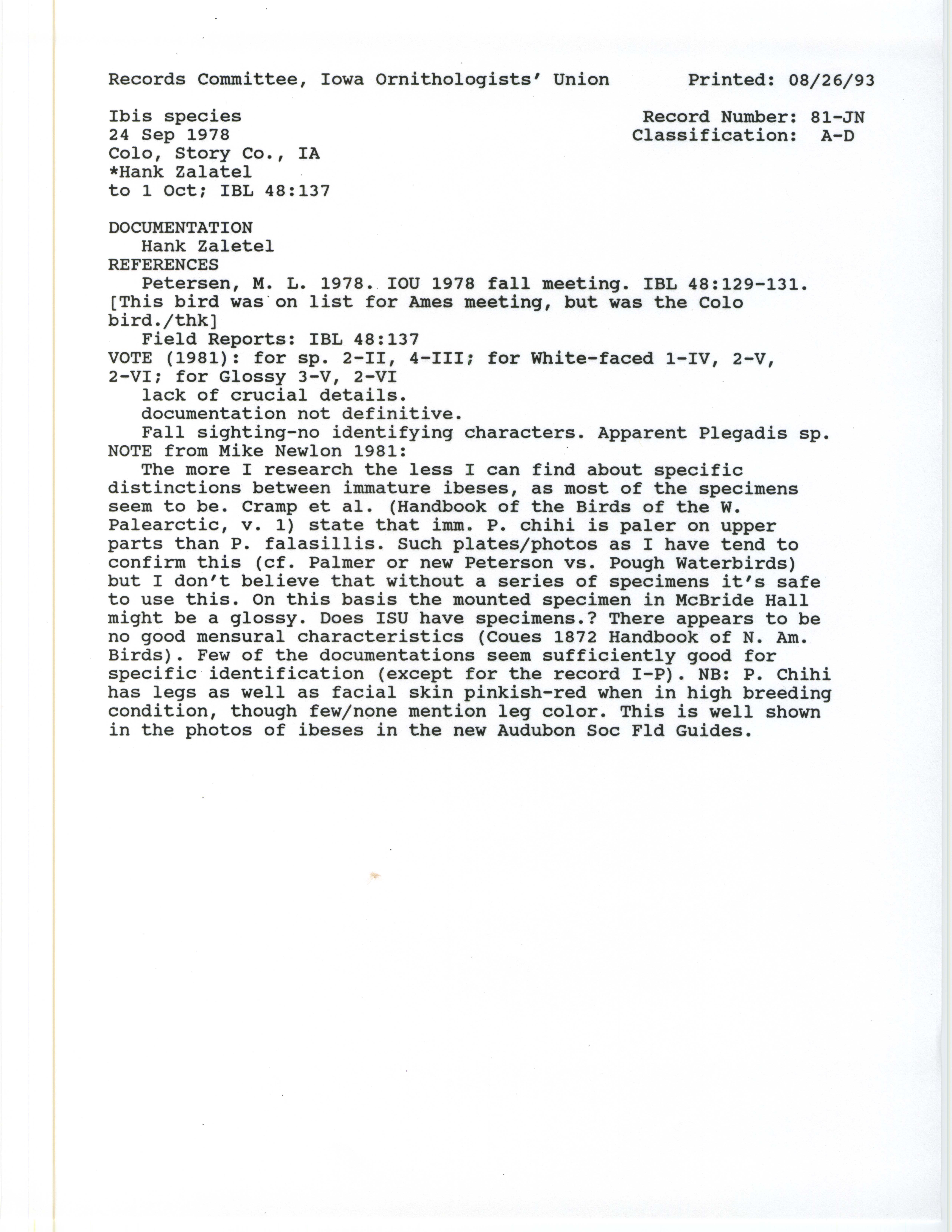 Records Committee review for rare bird sighting of Ibis species at Colo, 1978
