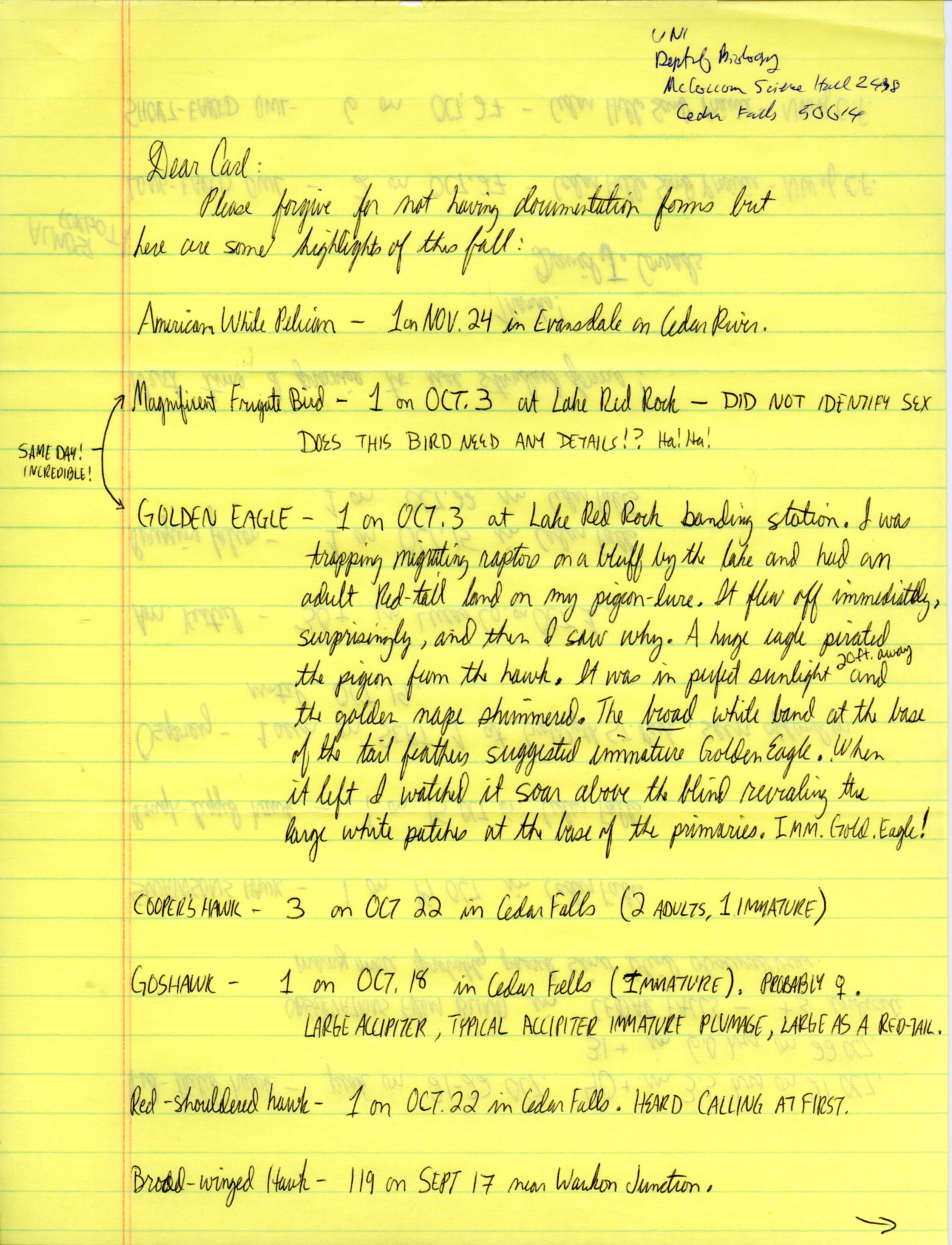 David J. Conrads letter to Carl J. Bendorf regarding bird sightings, fall 1988
