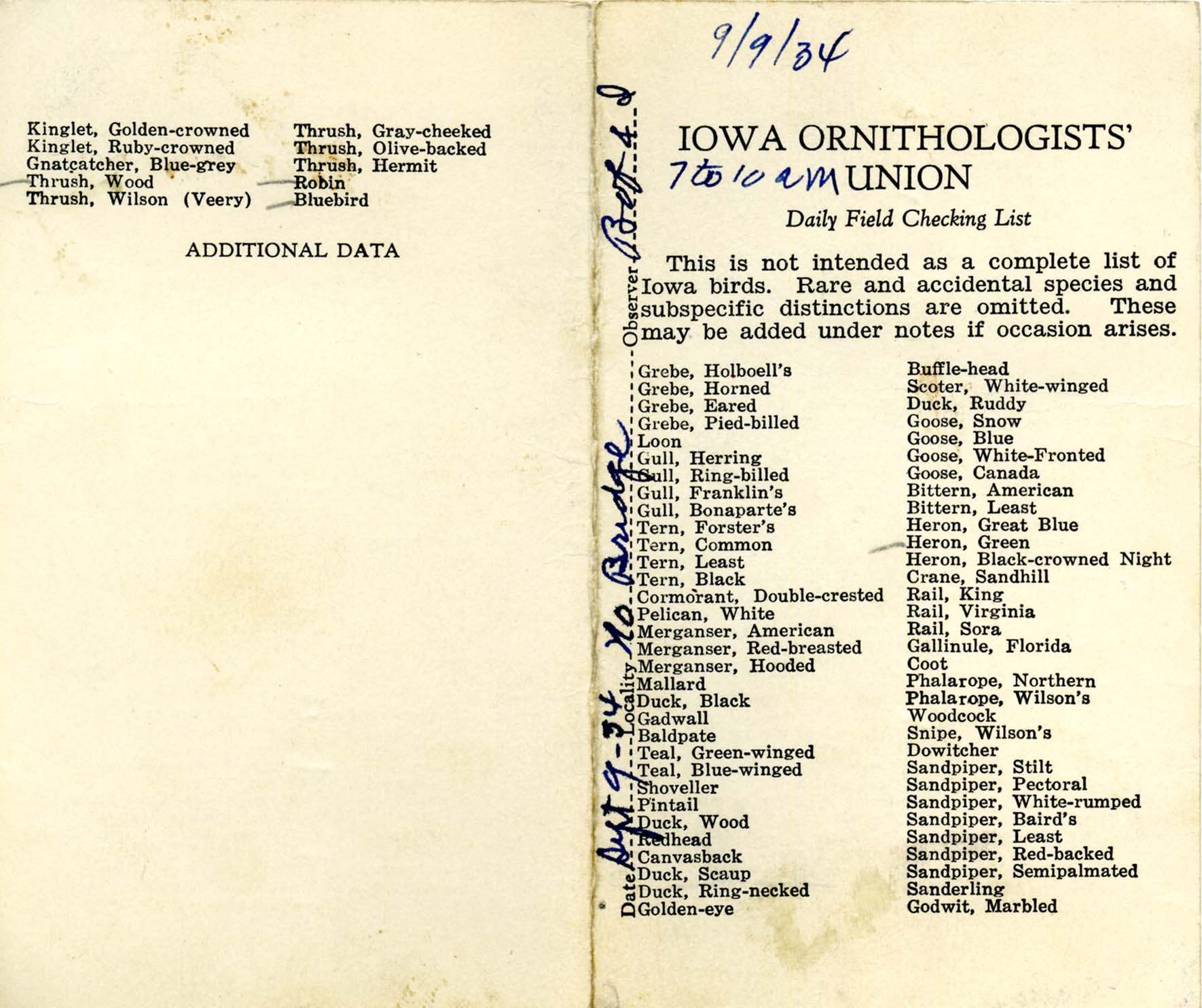 Daily field checking list, Walter Rosene, September 9, 1934