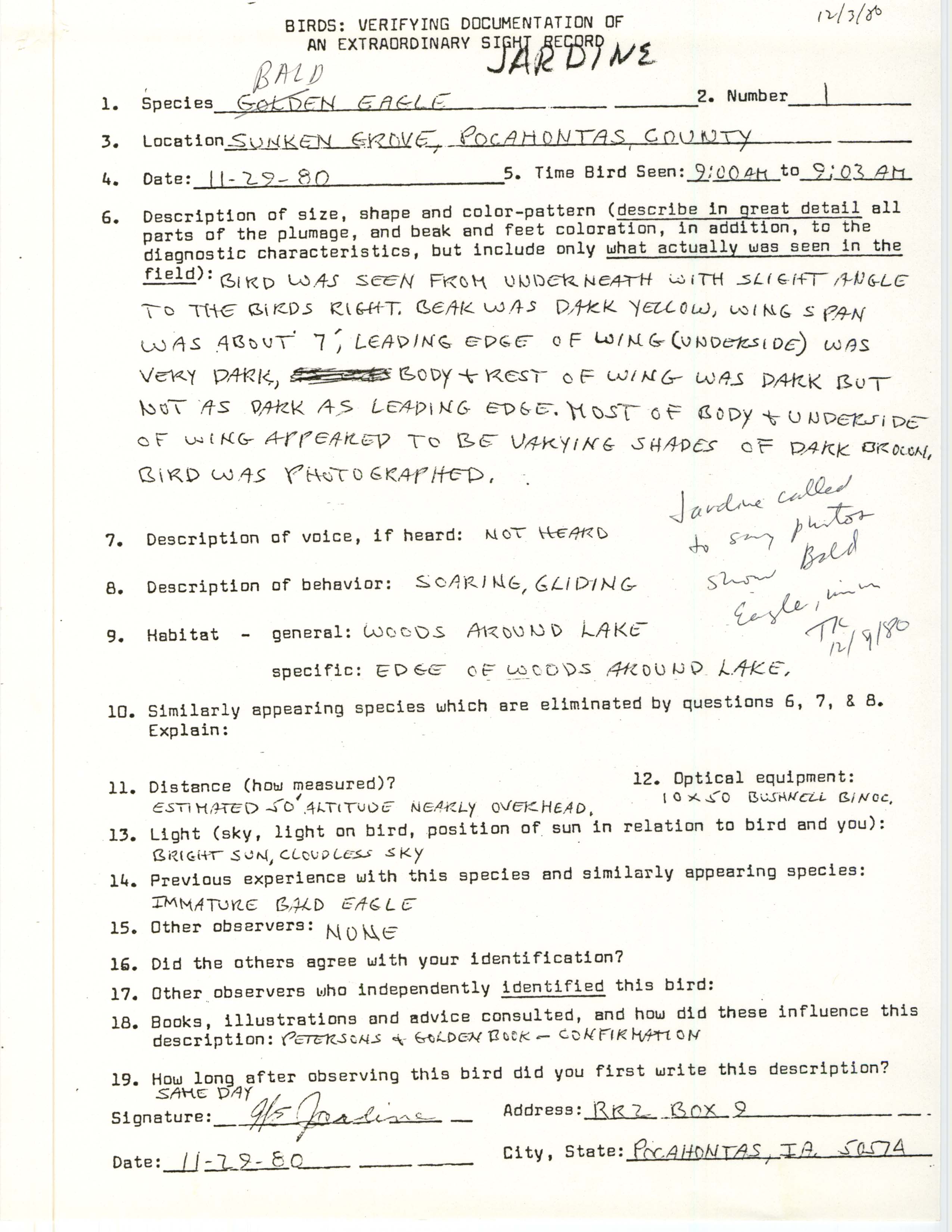 Rare bird documentation form for Bald Eagle at Sunken Grove, 1980