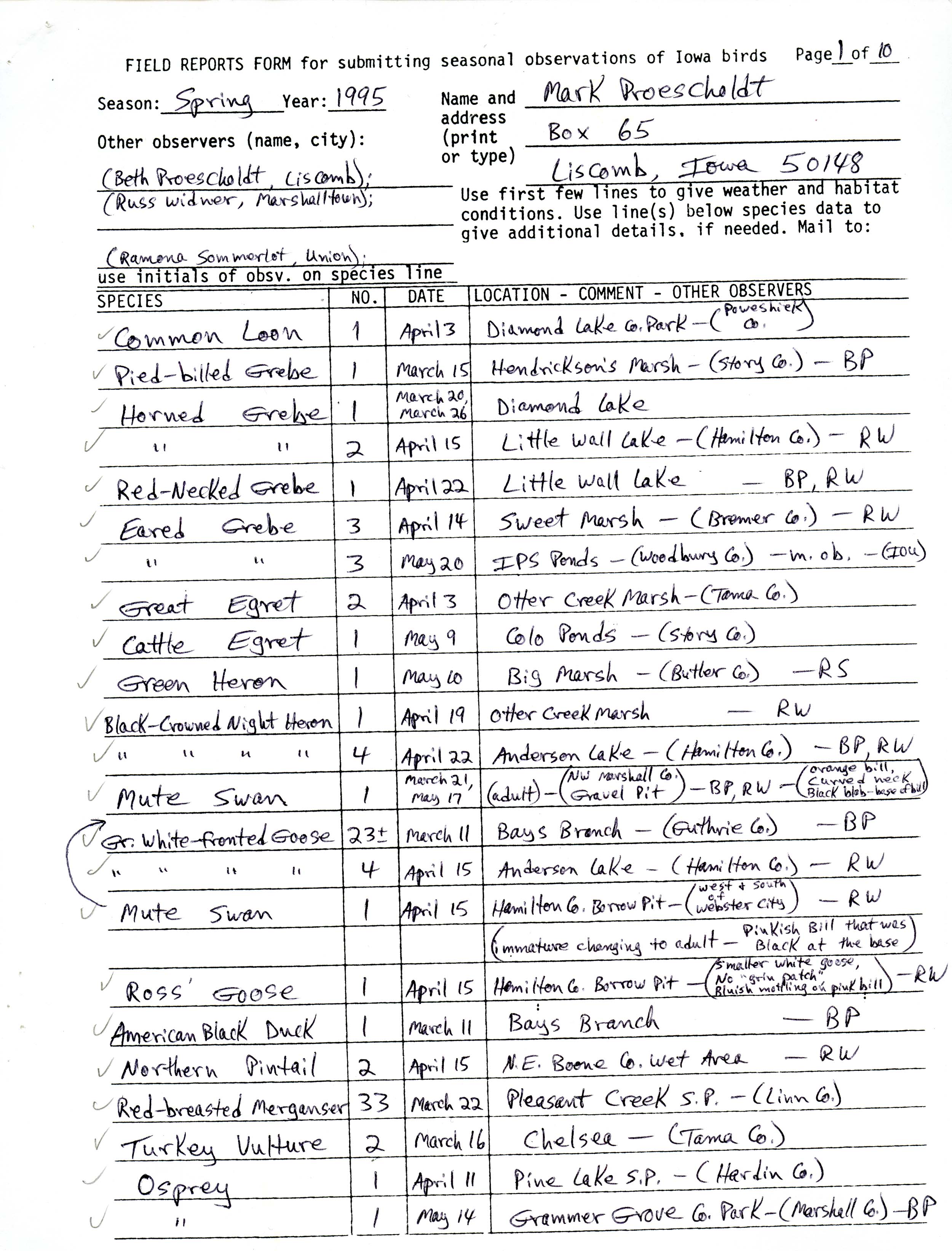 Field reports form for submitting seasonal observations of Iowa birds, spring 1995, Mark Proescholdt