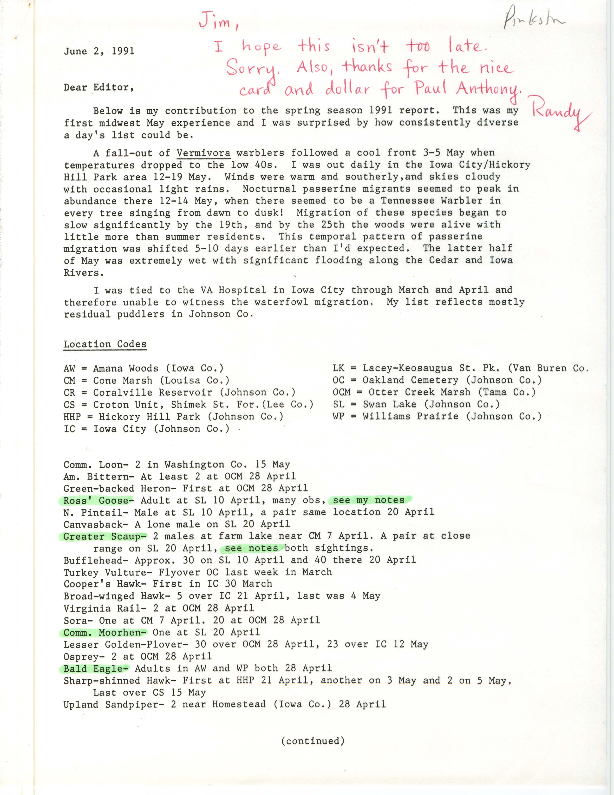 Randall Pinkston letter to James Dinsmore regarding bird sightings for the official field report, June 2, 1991
