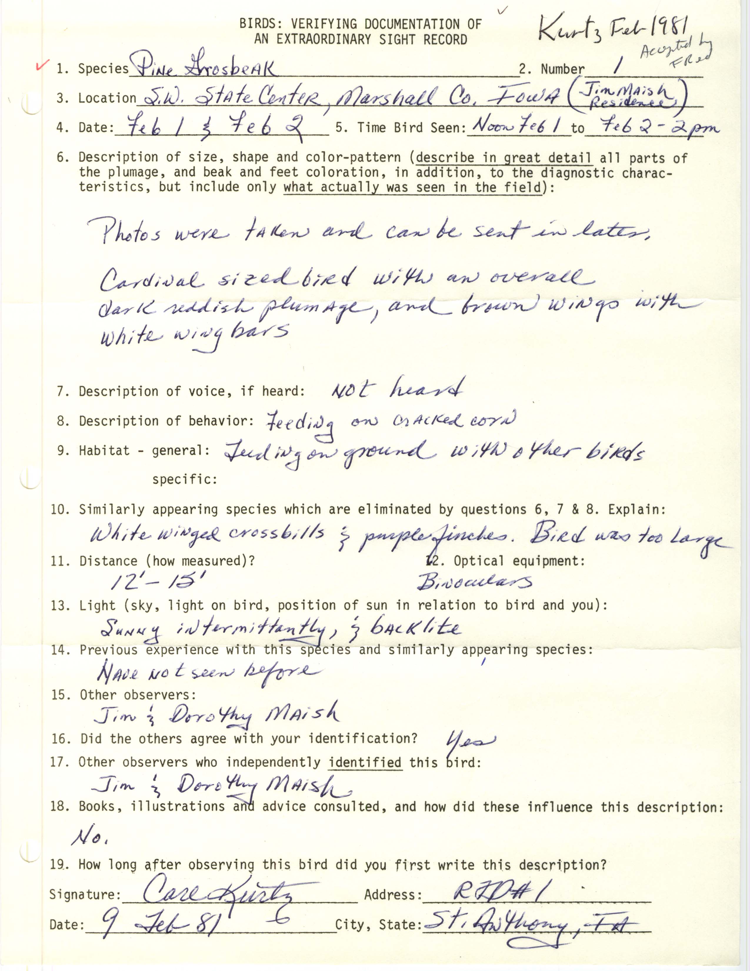 Rare bird documentation form for Pine Grosbeak at State Center in 1981