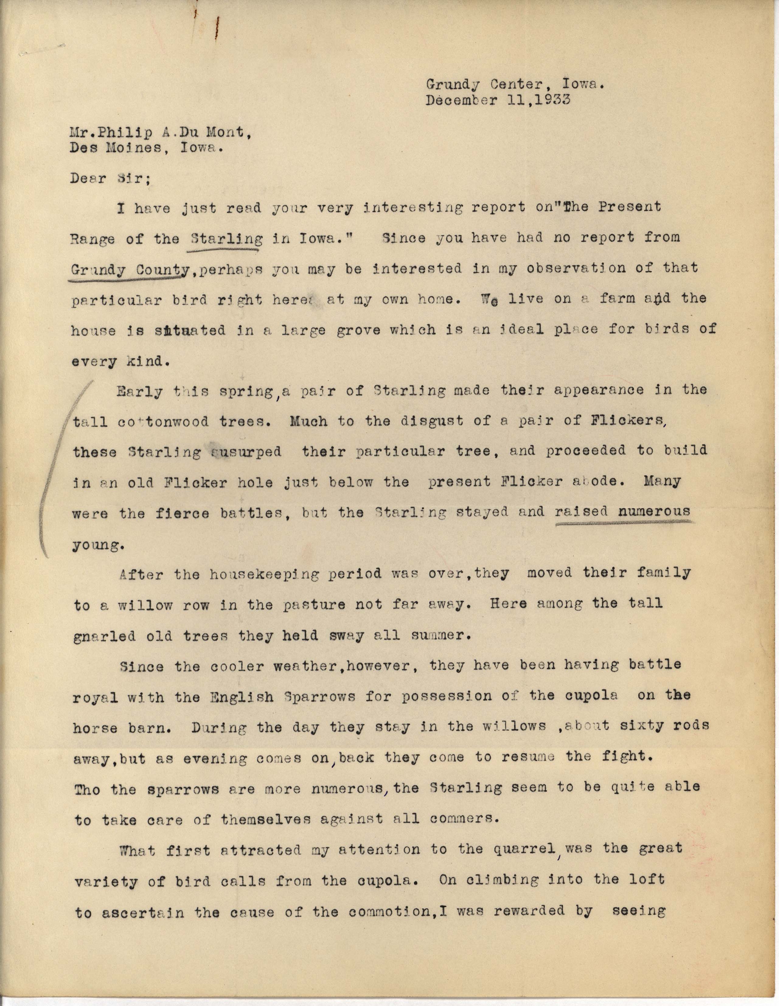 Helen King letter to Philip DuMont regarding Starlings in Grundy County, December 11, 1933