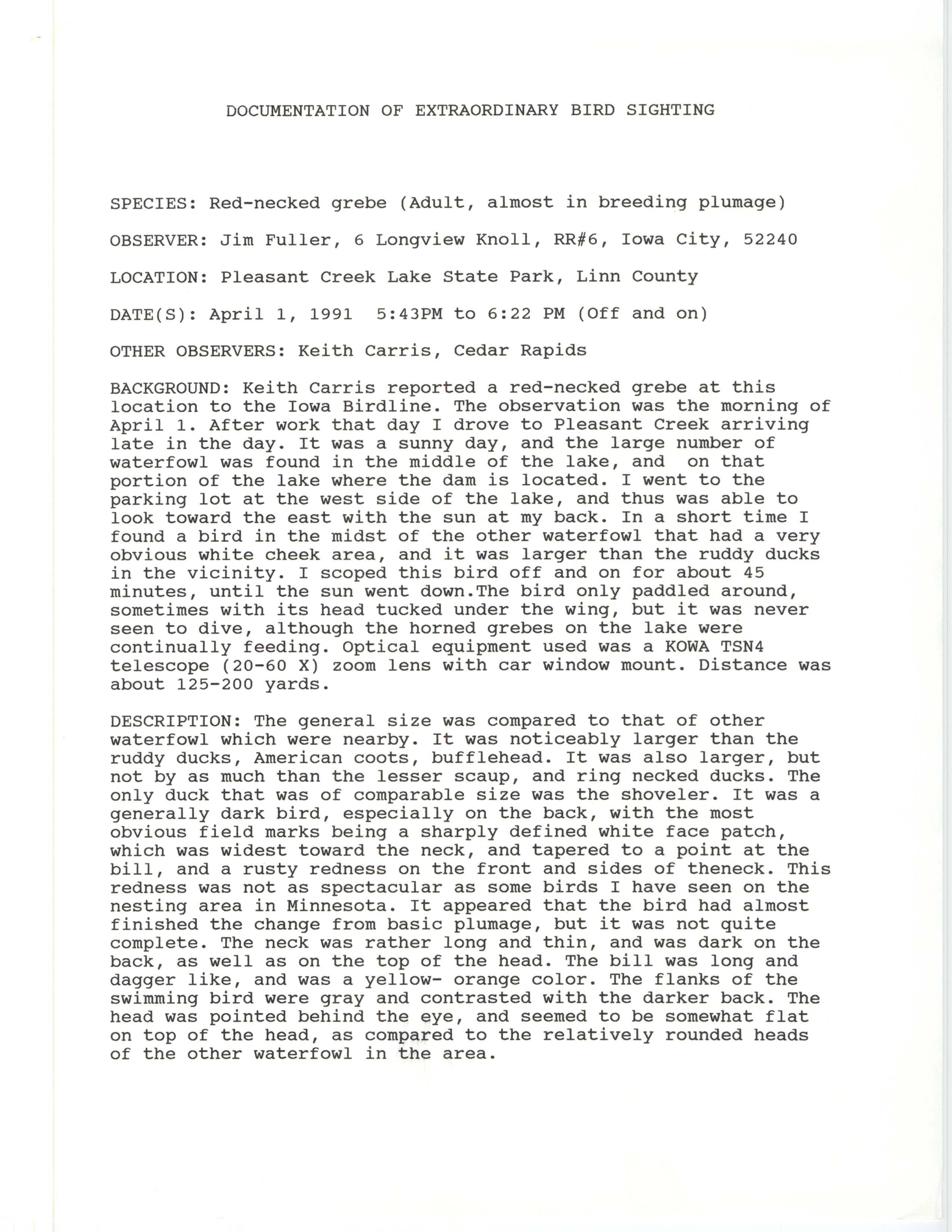 Rare bird documentation form for Red-necked Grebe at Pleasant Creek Lake State Park, 1991