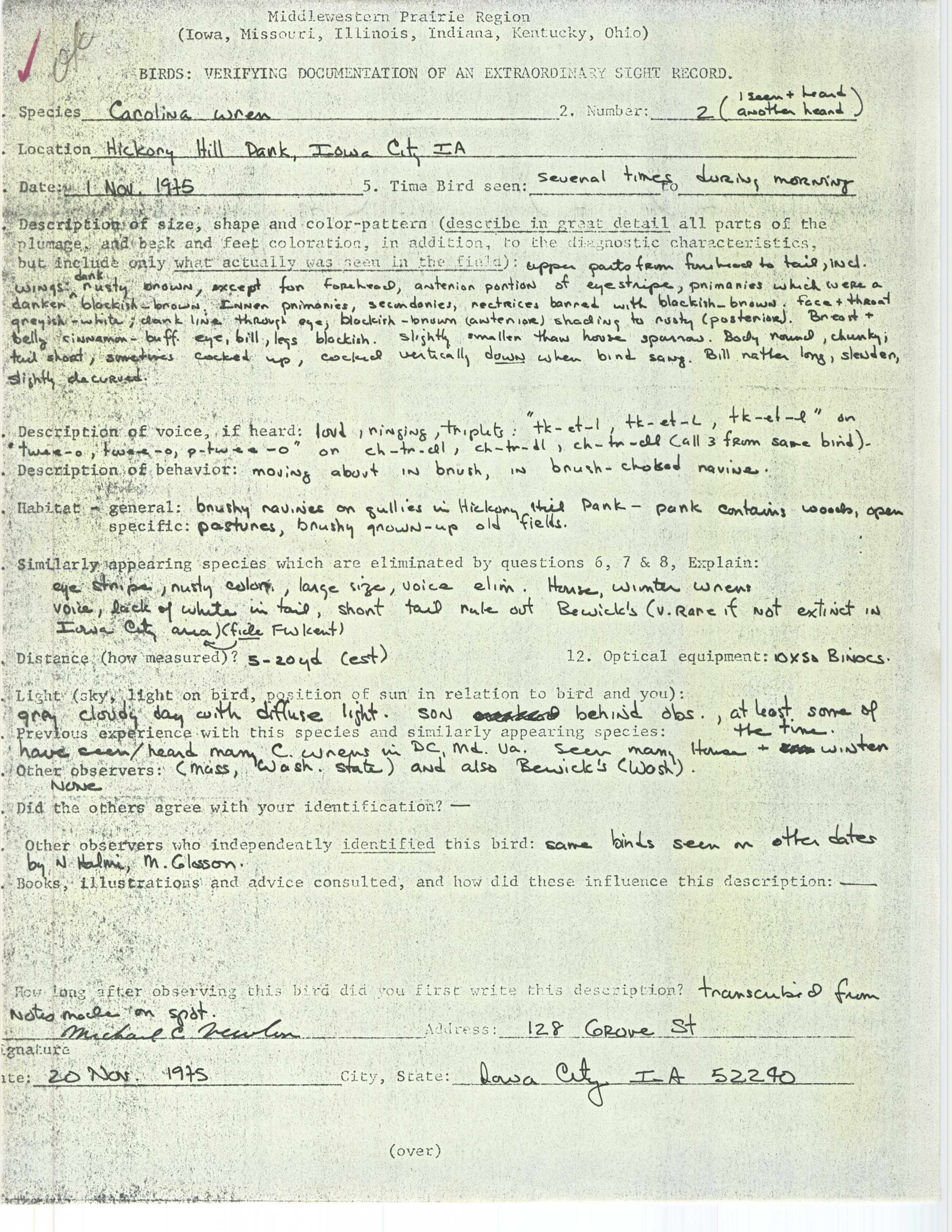 Rare bird documentation form for Carolina Wren at Hickory Hill Park, 1975