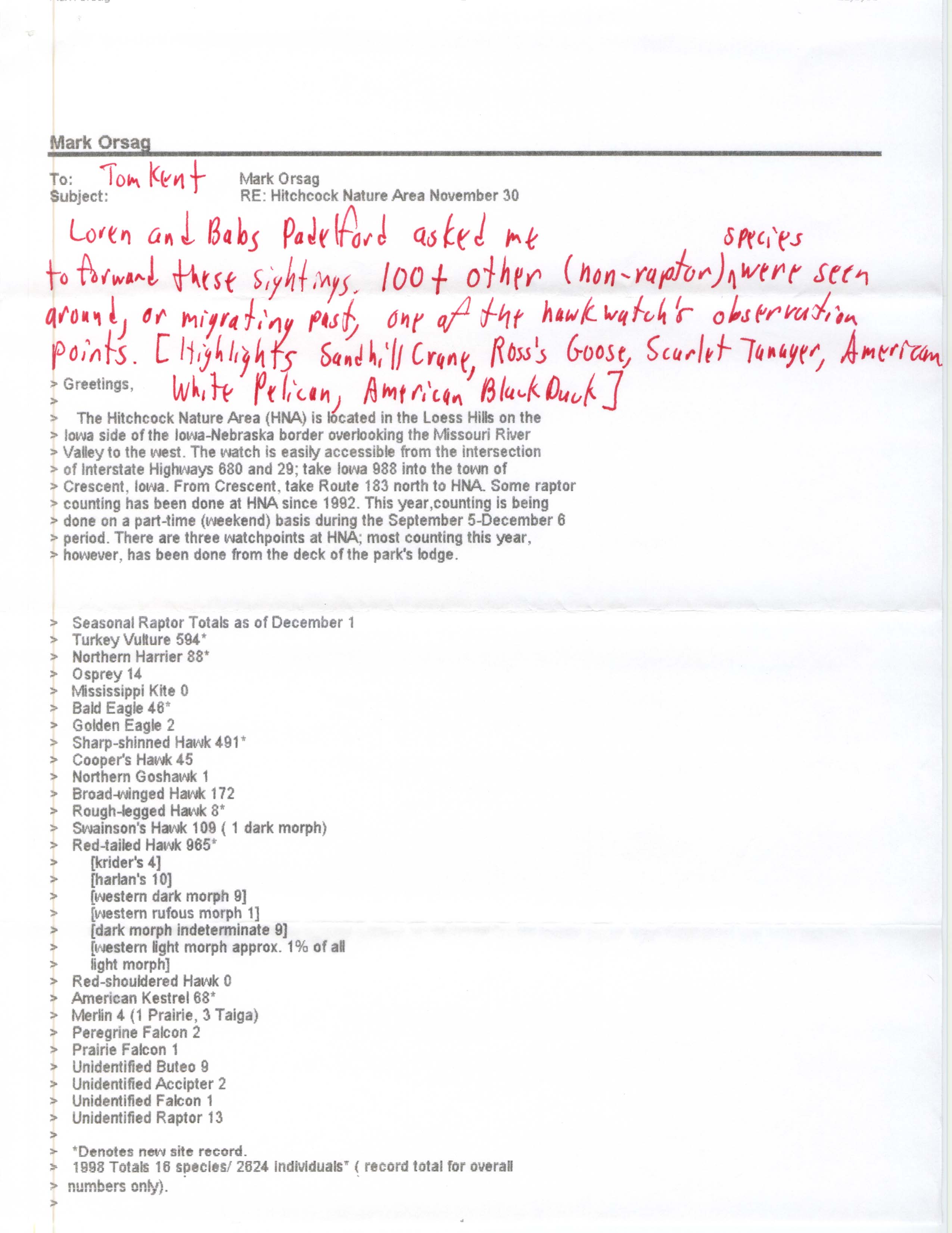 Mark Orsag forwarded email to Thomas H. Kent regarding a Hawk watch at Hitchcock Nature Area, fall 1998