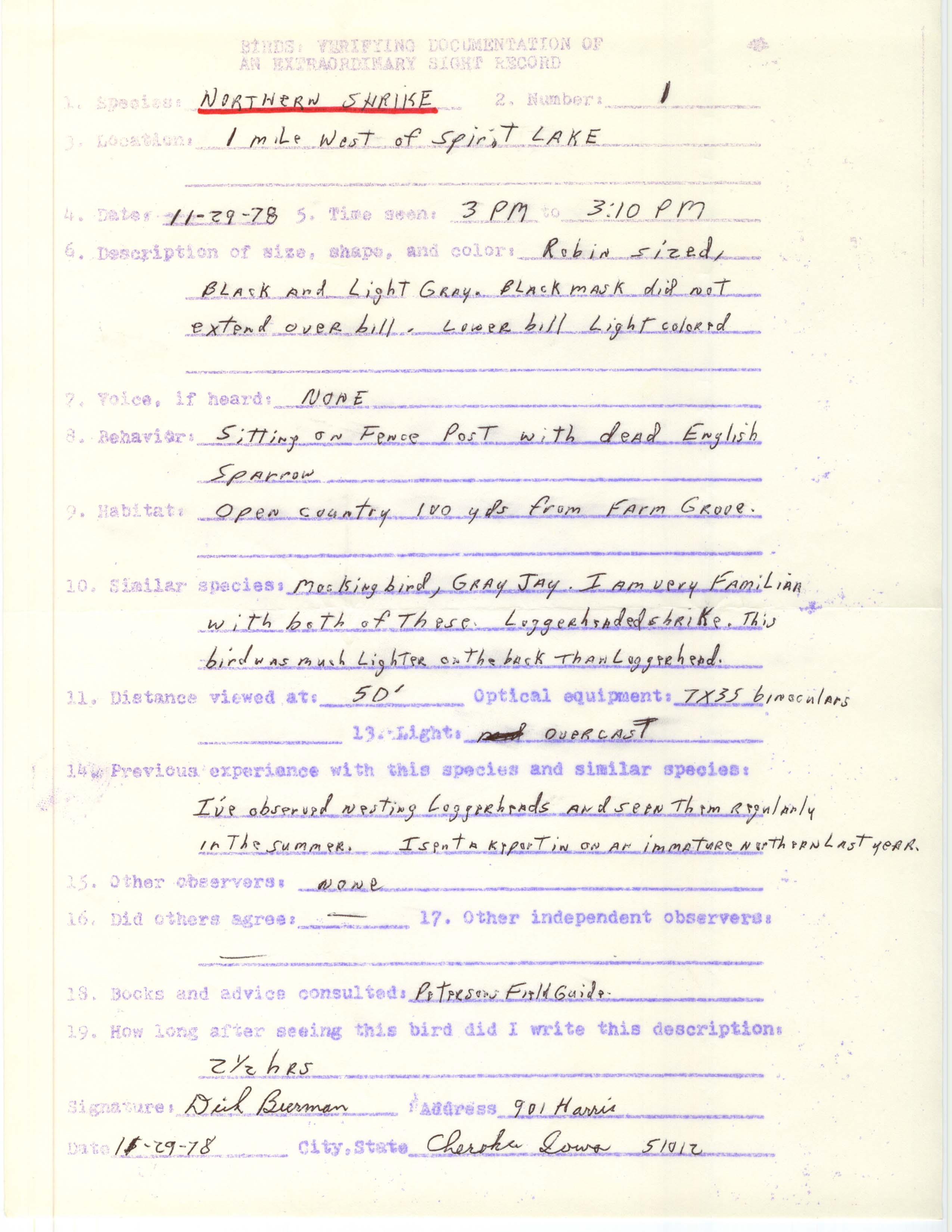 Rare bird documentation form for Northern Shrike west of Spirit Lake, 1978
