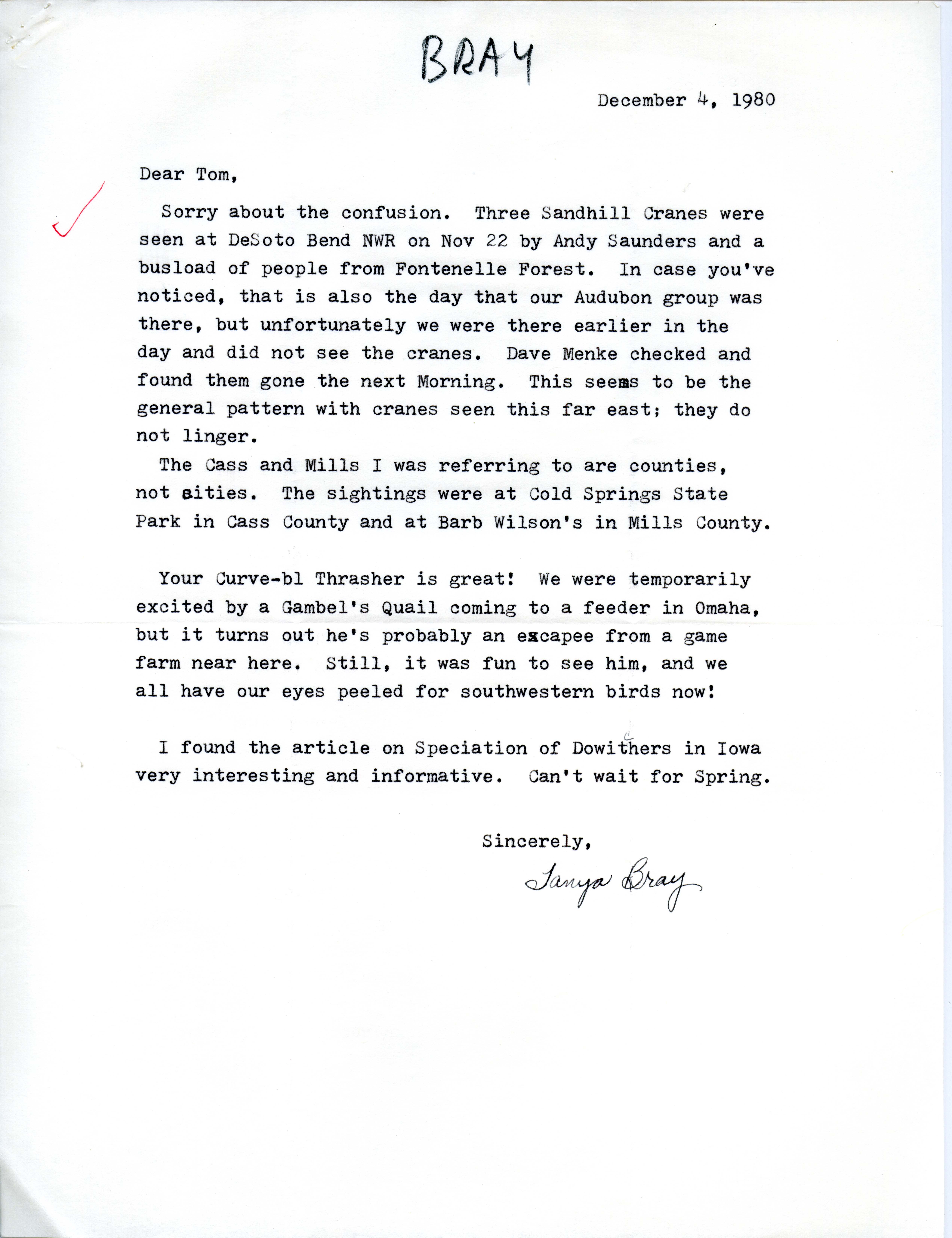 Tanya Bray letter to Thomas Kent regarding clarifications to her previous letter, December 4, 1980