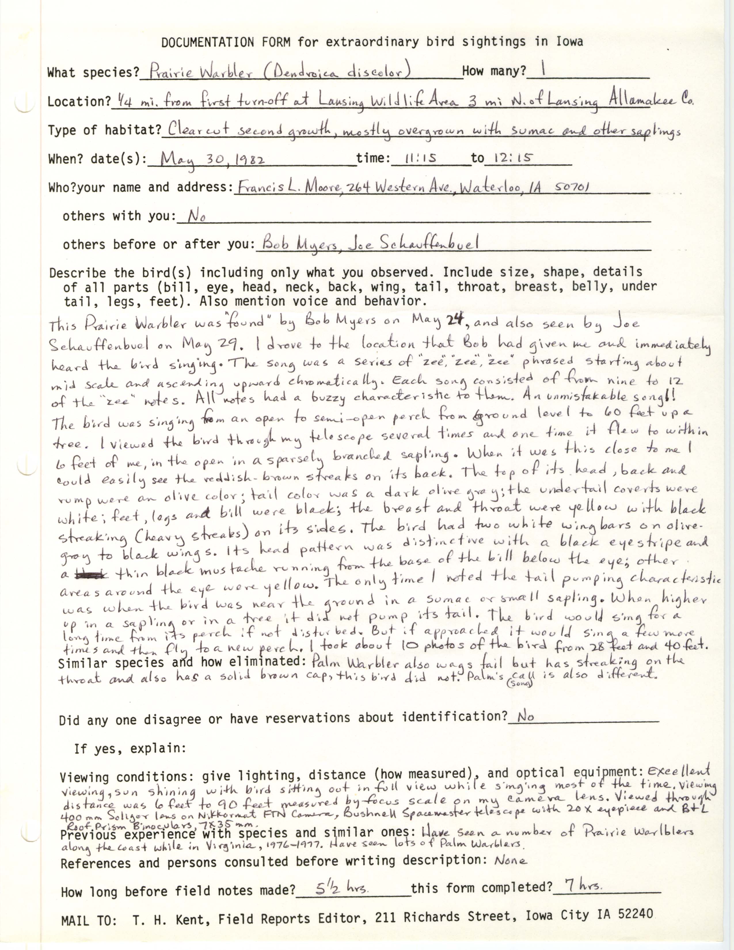 Rare bird documentation form for Prairie Warbler near Lansing Wildlife Area, 1982