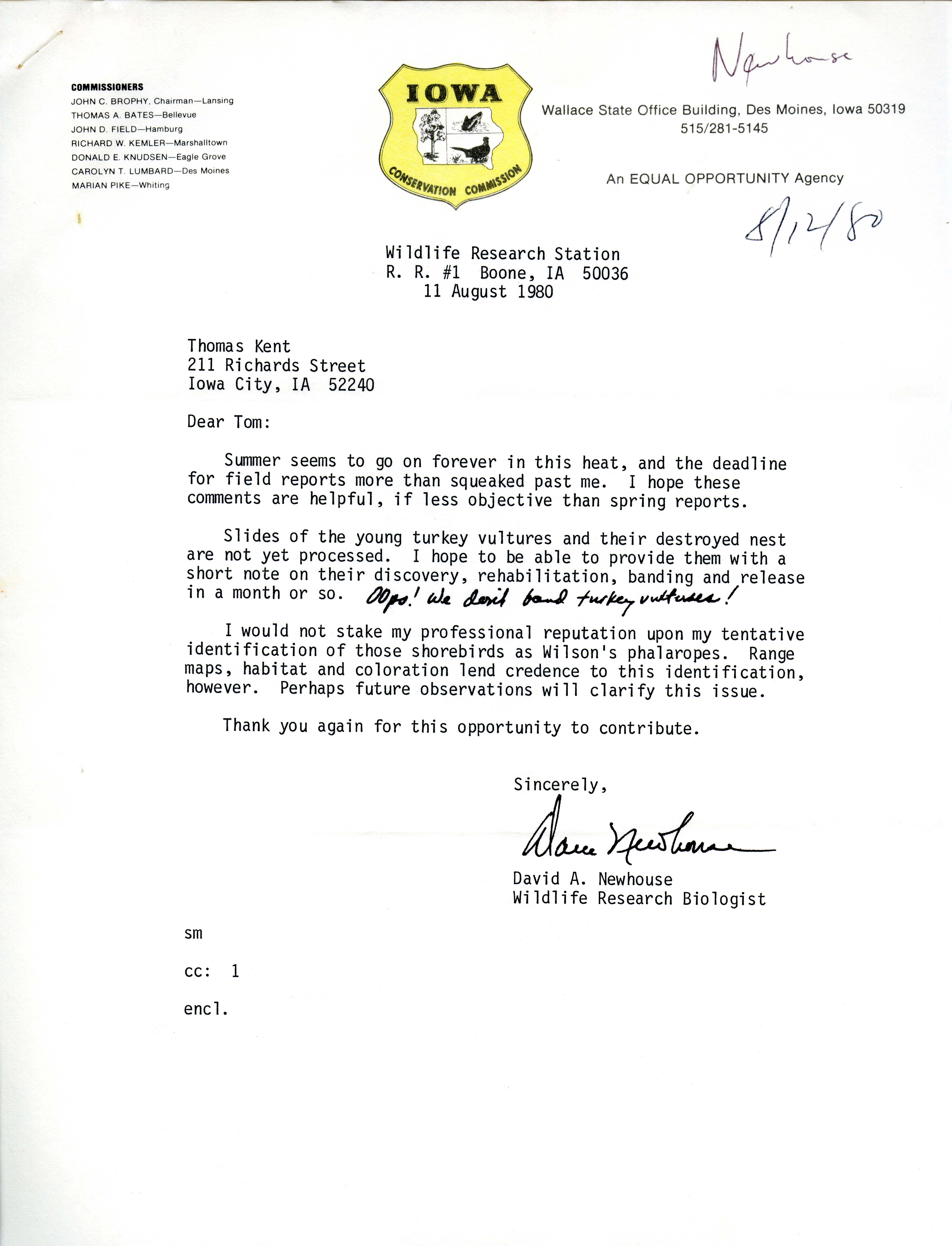 David A. Newhouse letter to Thomas H. Kent regarding bird sightings, August 11, 1980