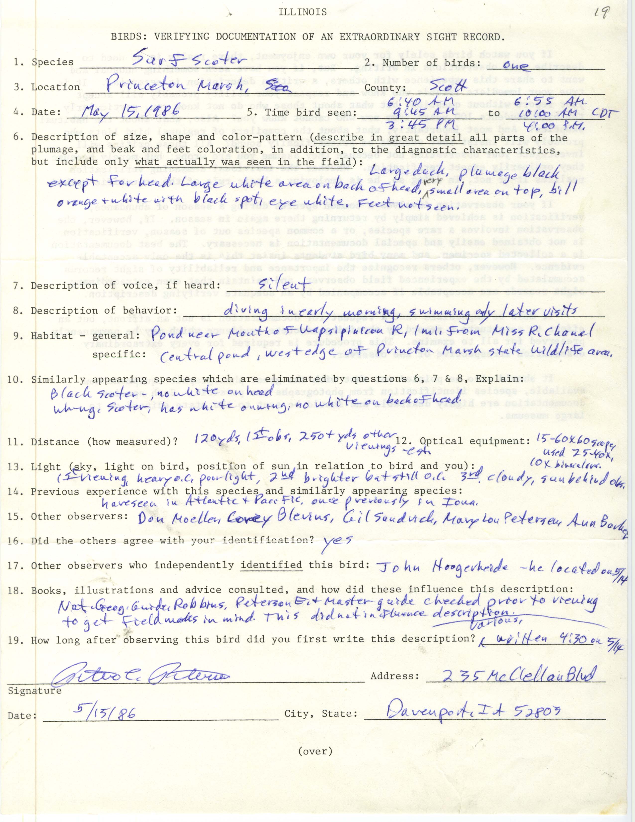 Rare bird documentation form for Surf Scoter at Princeton Marsh, 1986