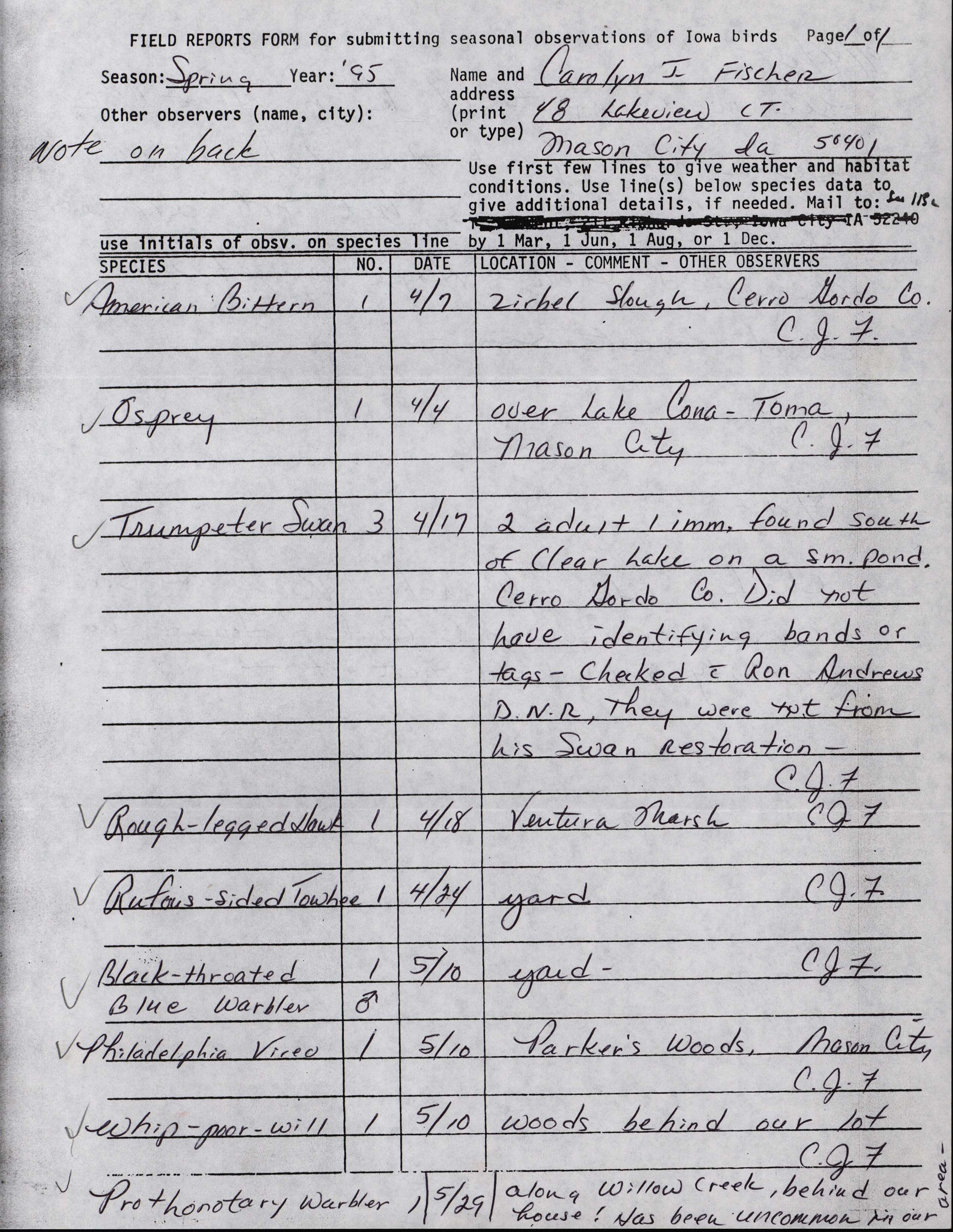 Field reports form for submitting seasonal observations of Iowa birds, spring 1995, Carolyn Fischer