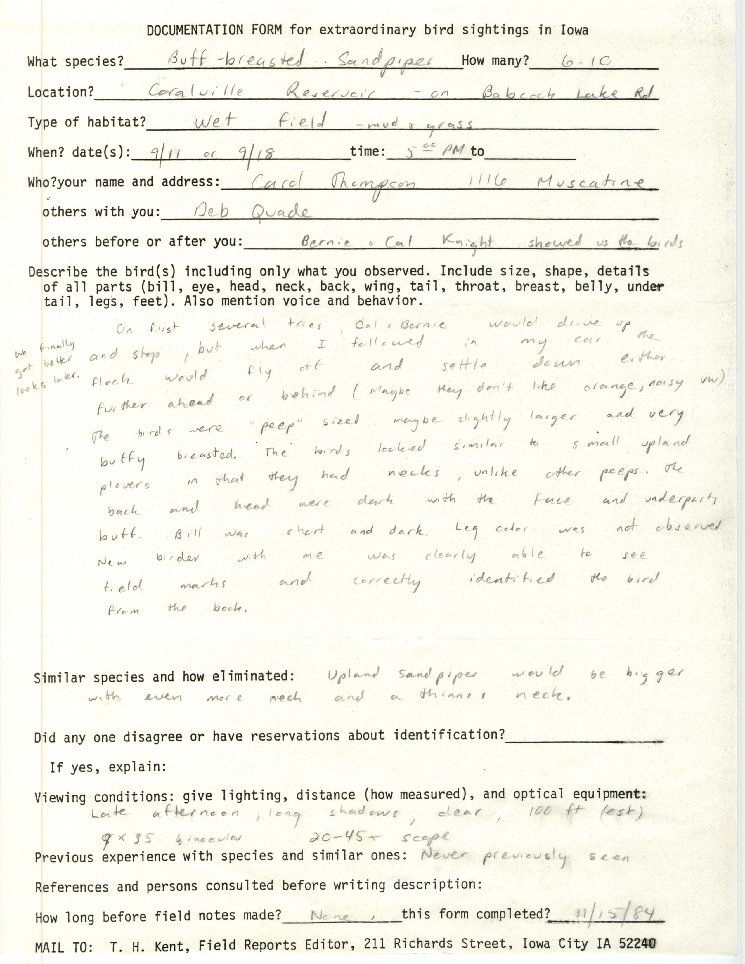 Rare bird documentation form for Buff-breasted Sandpiper at Babcock Access in Coralville Reservoir in 1984