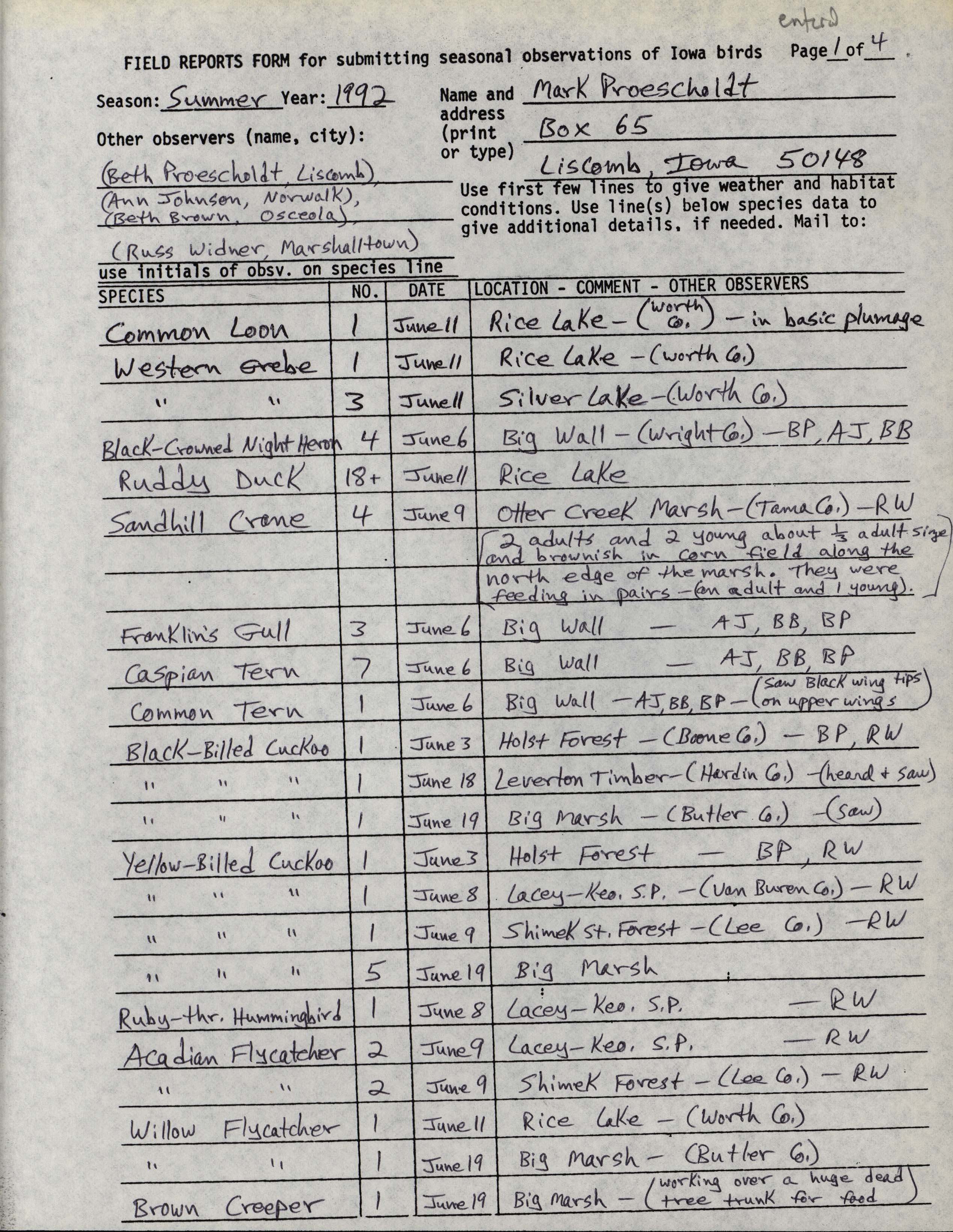 Field reports form for submitting seasonal observations of Iowa birds, Mark Proescholdt, summer 1992