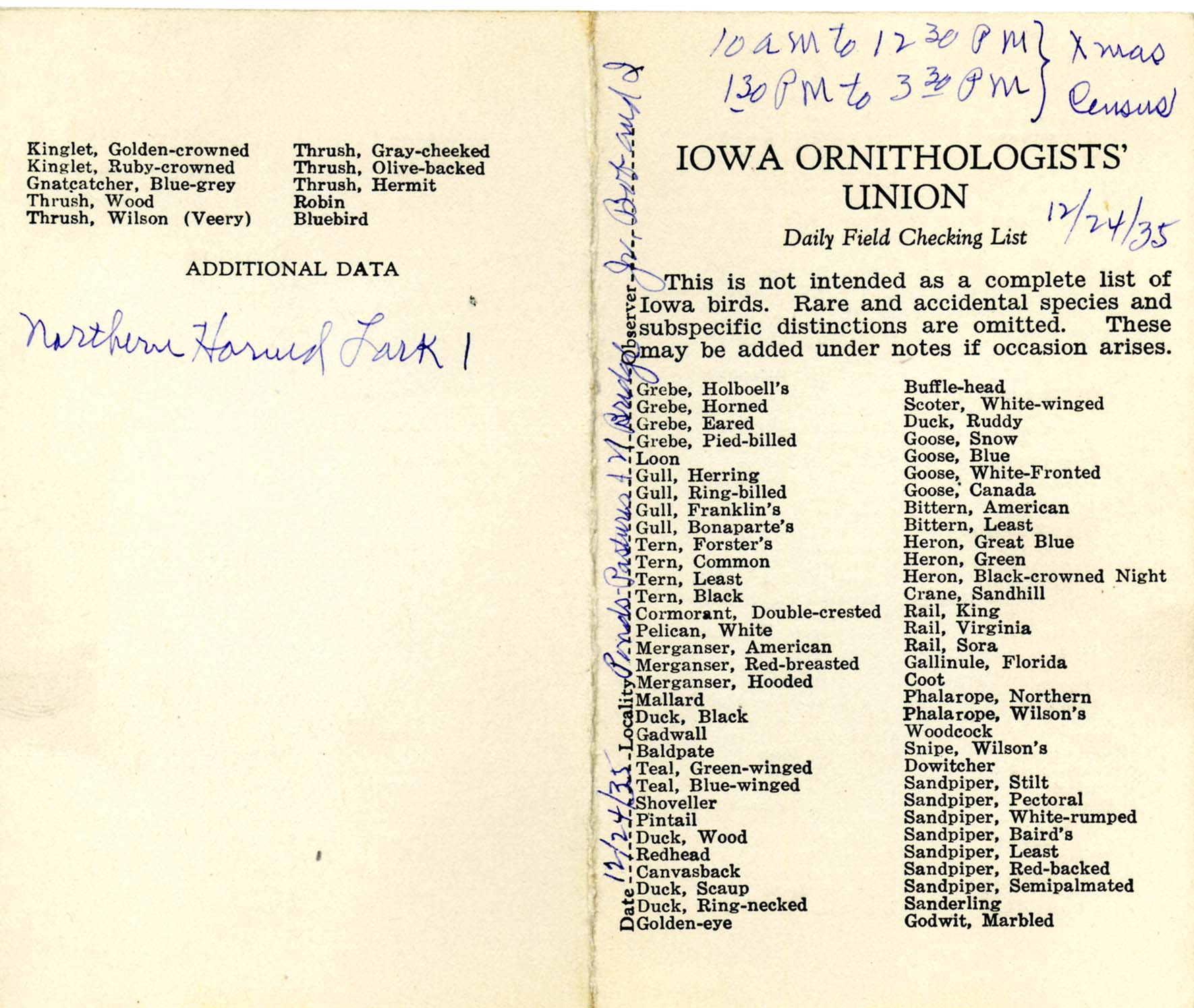 Daily field checking list, Walter Rosene, December 24, 1935
