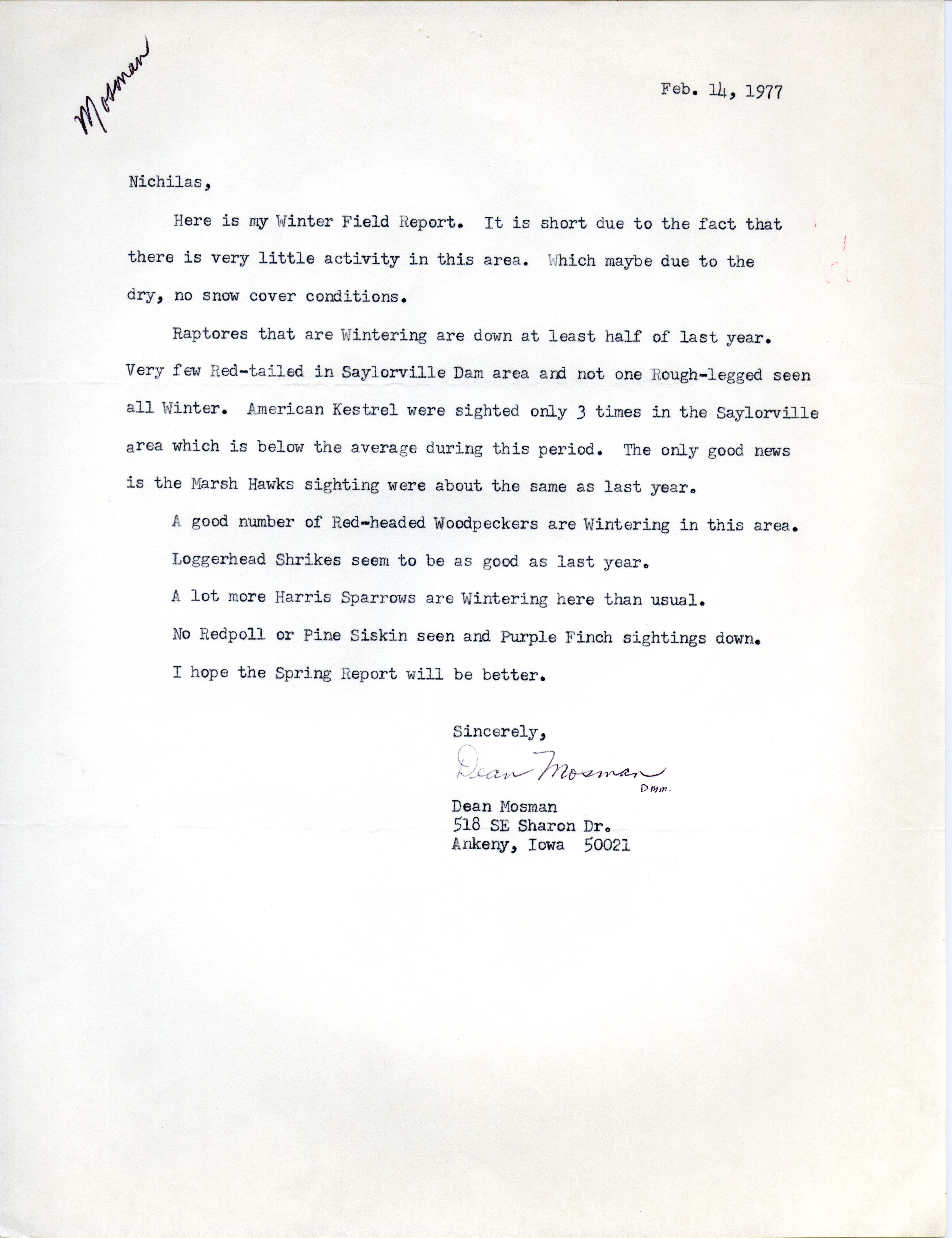 Dean Mosman letter to Nicholas S. Halmi regarding bird sightings at Saylorville Dam, February 14, 1977