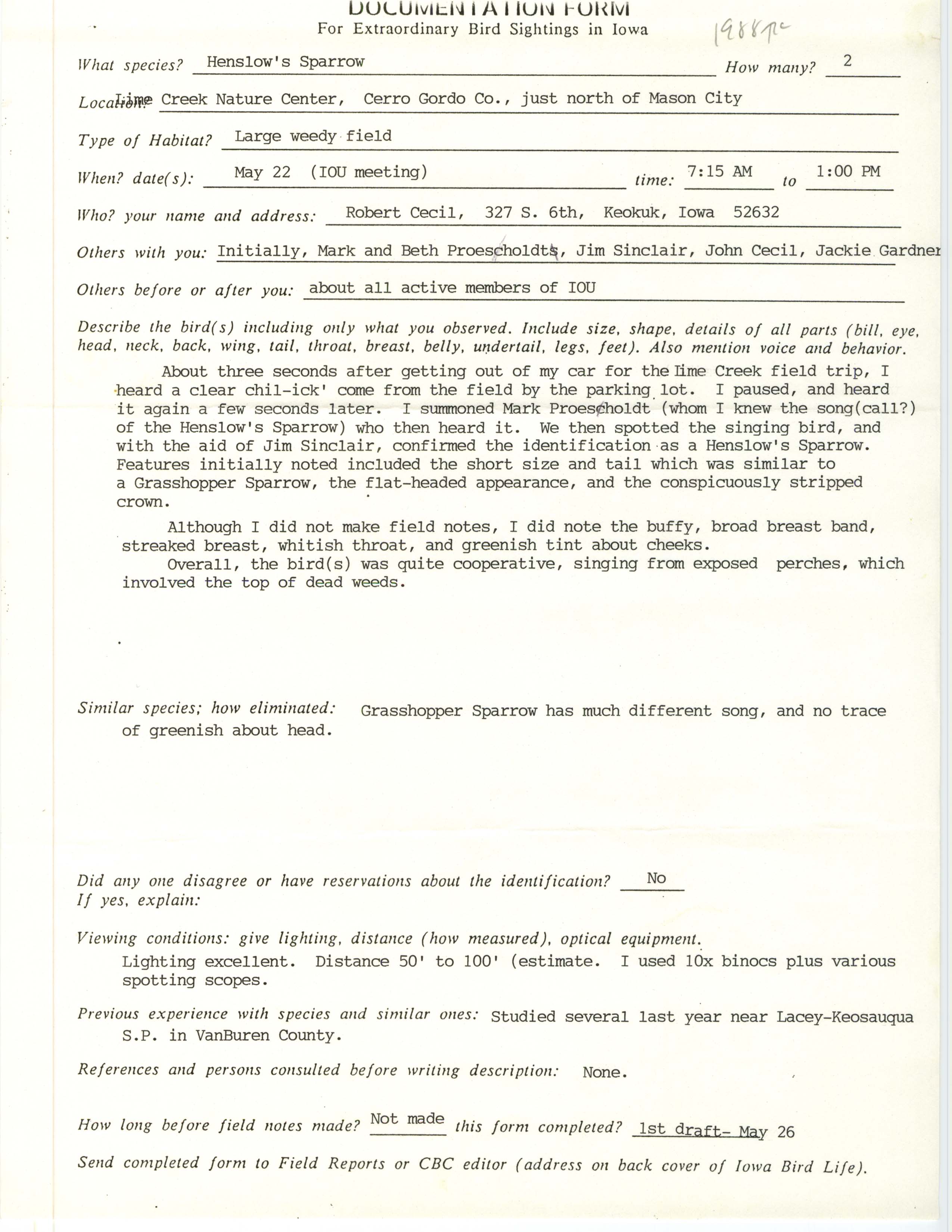 Rare bird documentation form for Henslow's Sparrow at Lime Creek Nature Center in 1988