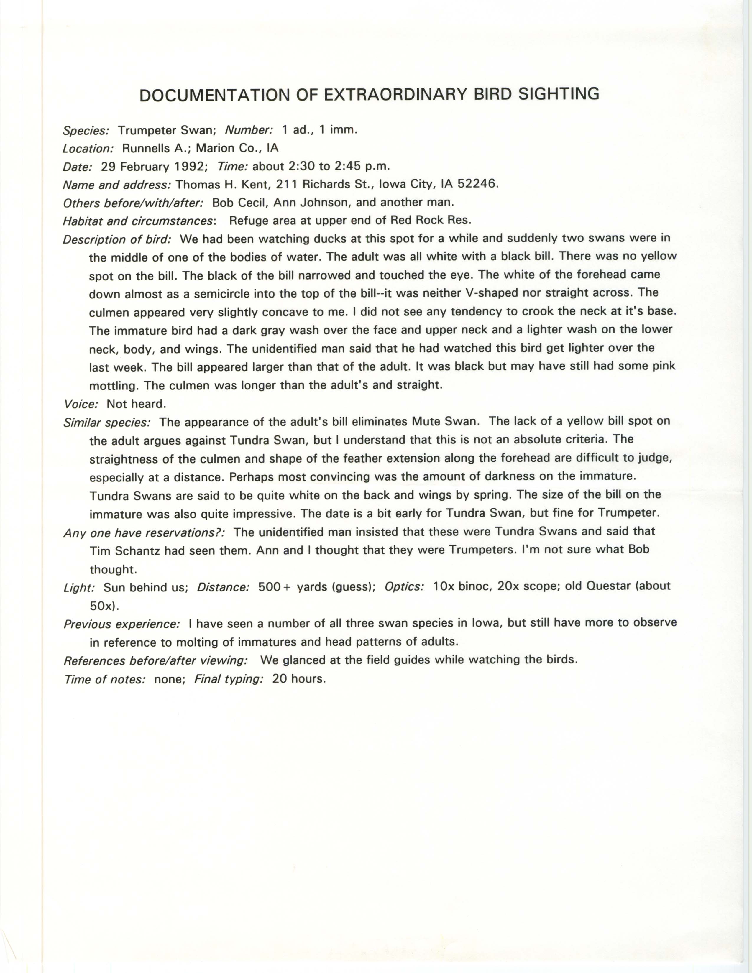 Rare bird documentation form for Trumpeter Swan at Runnells Area, 1992