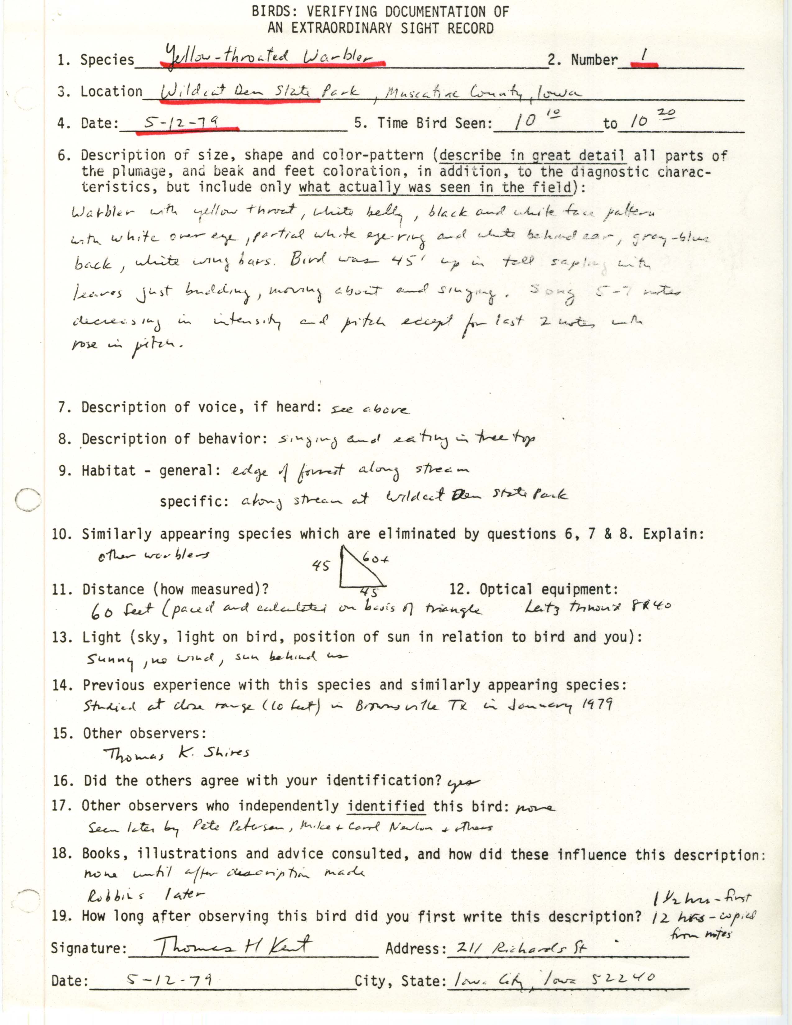 Rare bird documentation form for Yellow-throated Warbler at Wildcat Den State Park, 1979