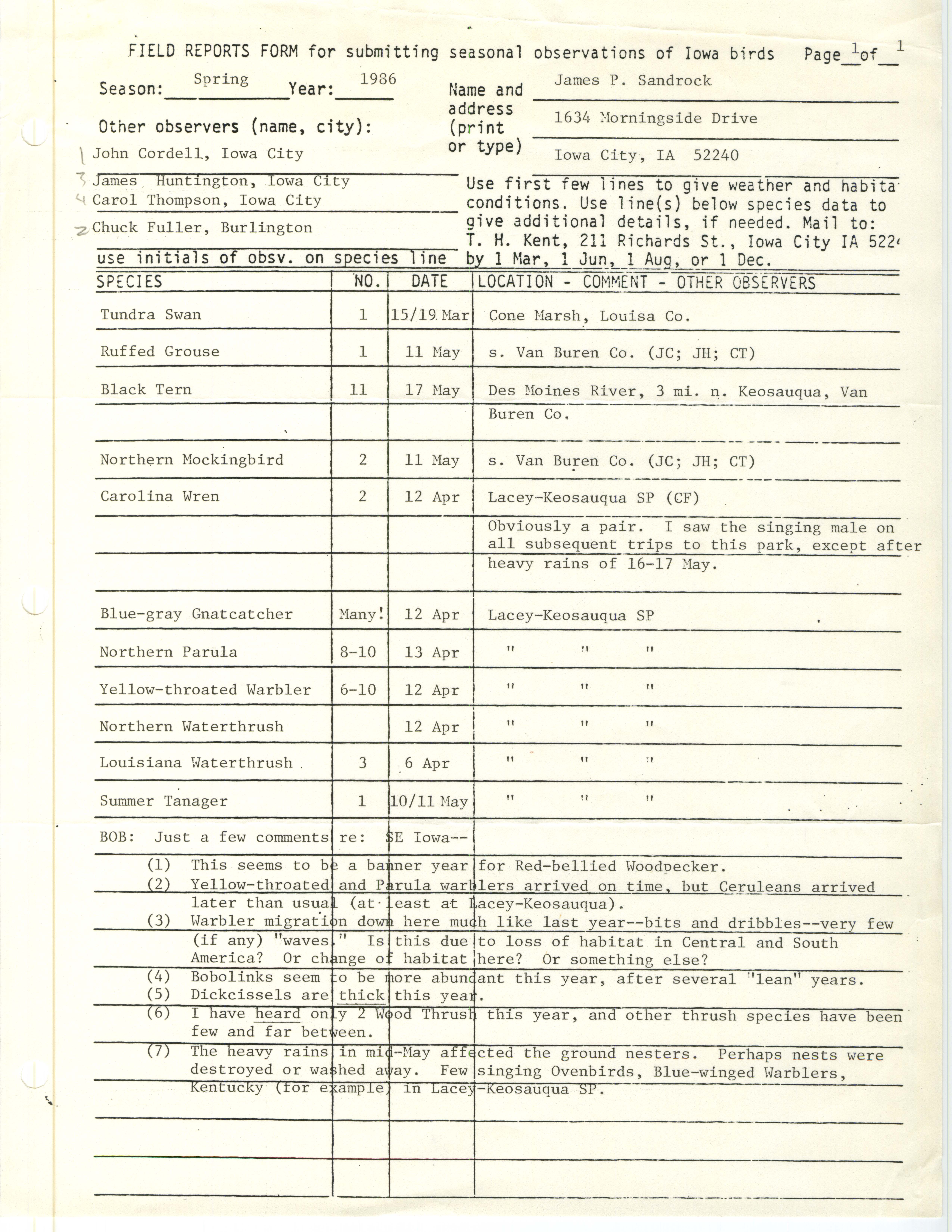 Field reports form for submitting seasonal observations of Iowa birds, James Sandrock, Spring 1986