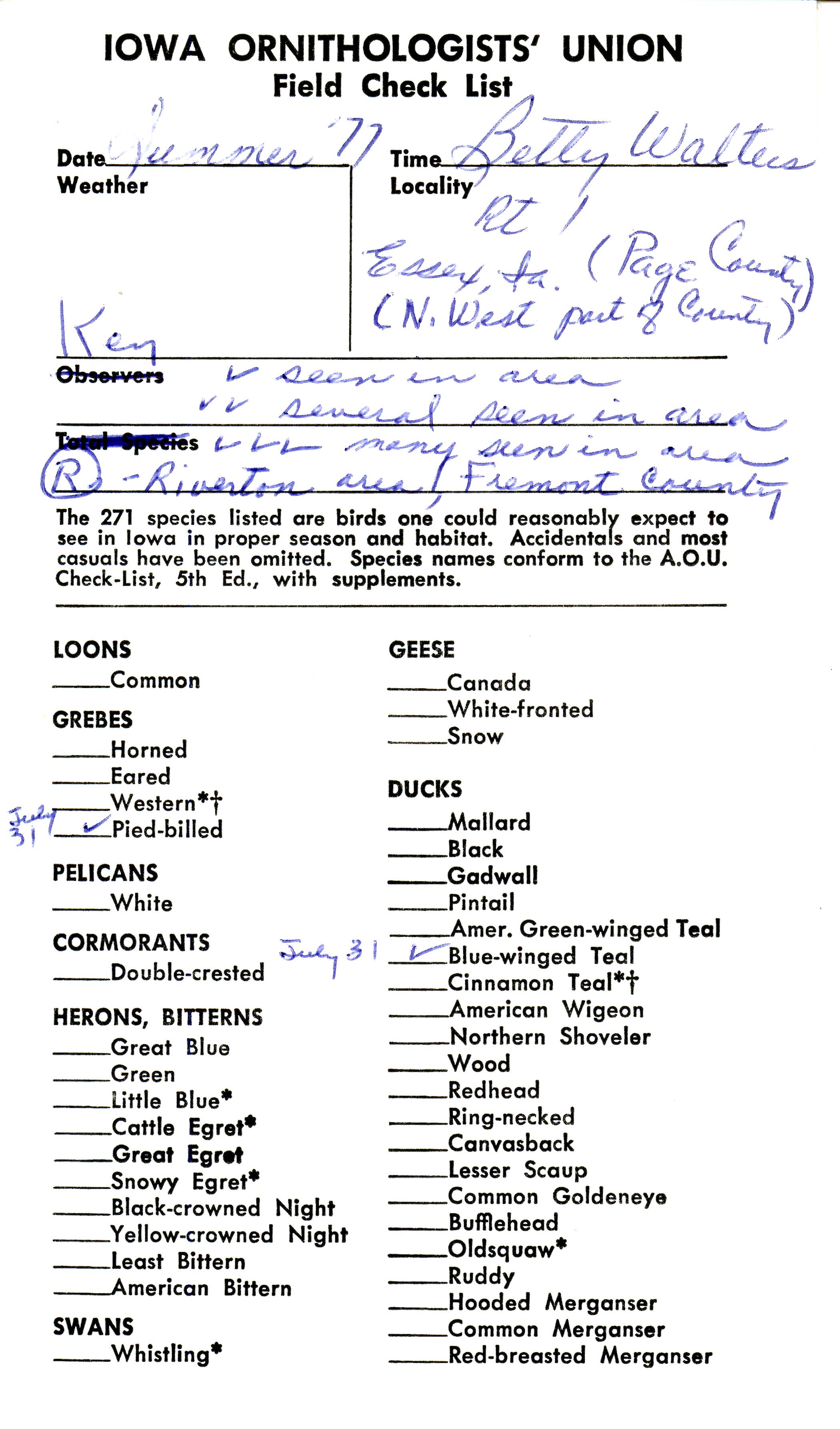 Iowa Ornithologists' Union field check list, Betty Walters, summer 1977