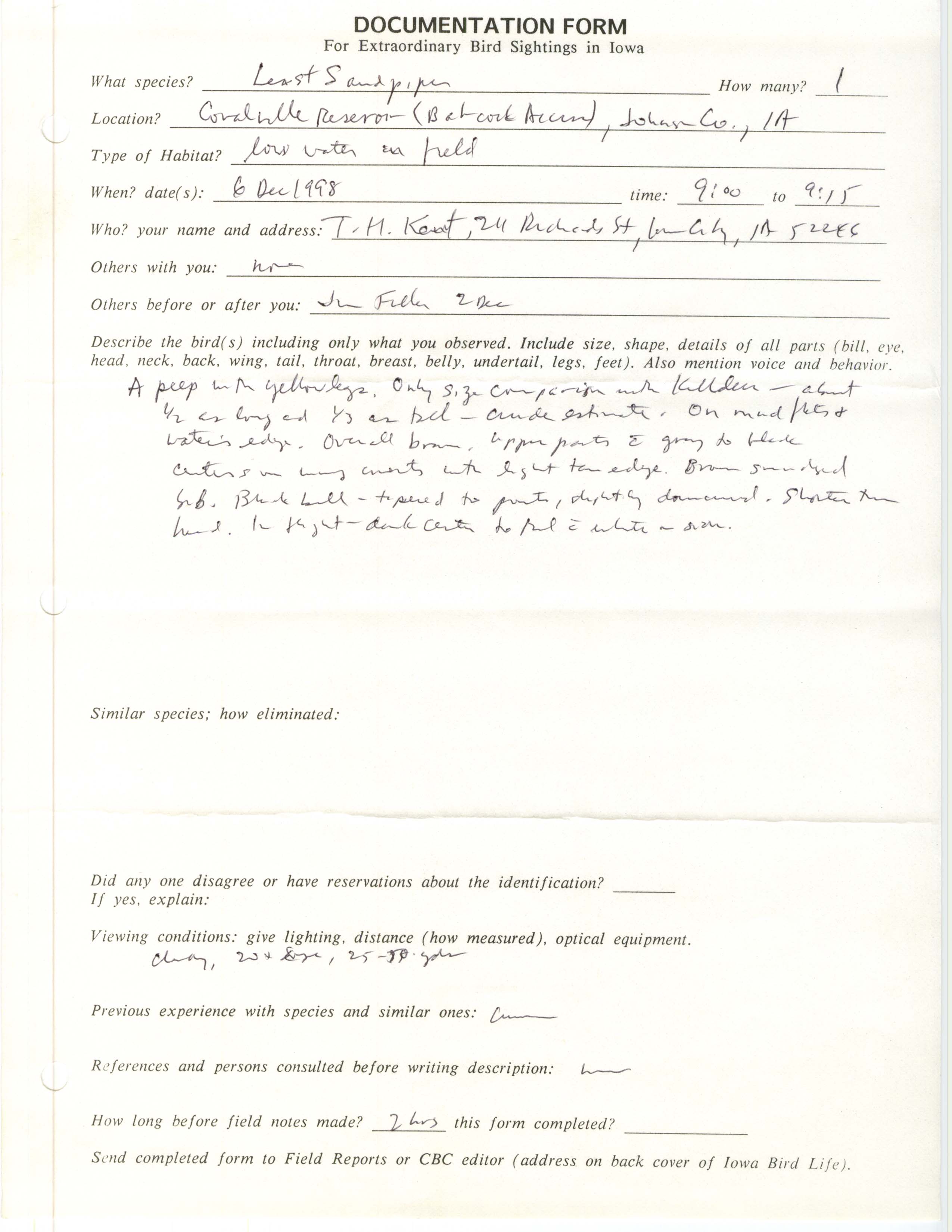 Rare bird documentation form for Least Sandpiper at Babcock Access at Coralville Reservoir, 1998