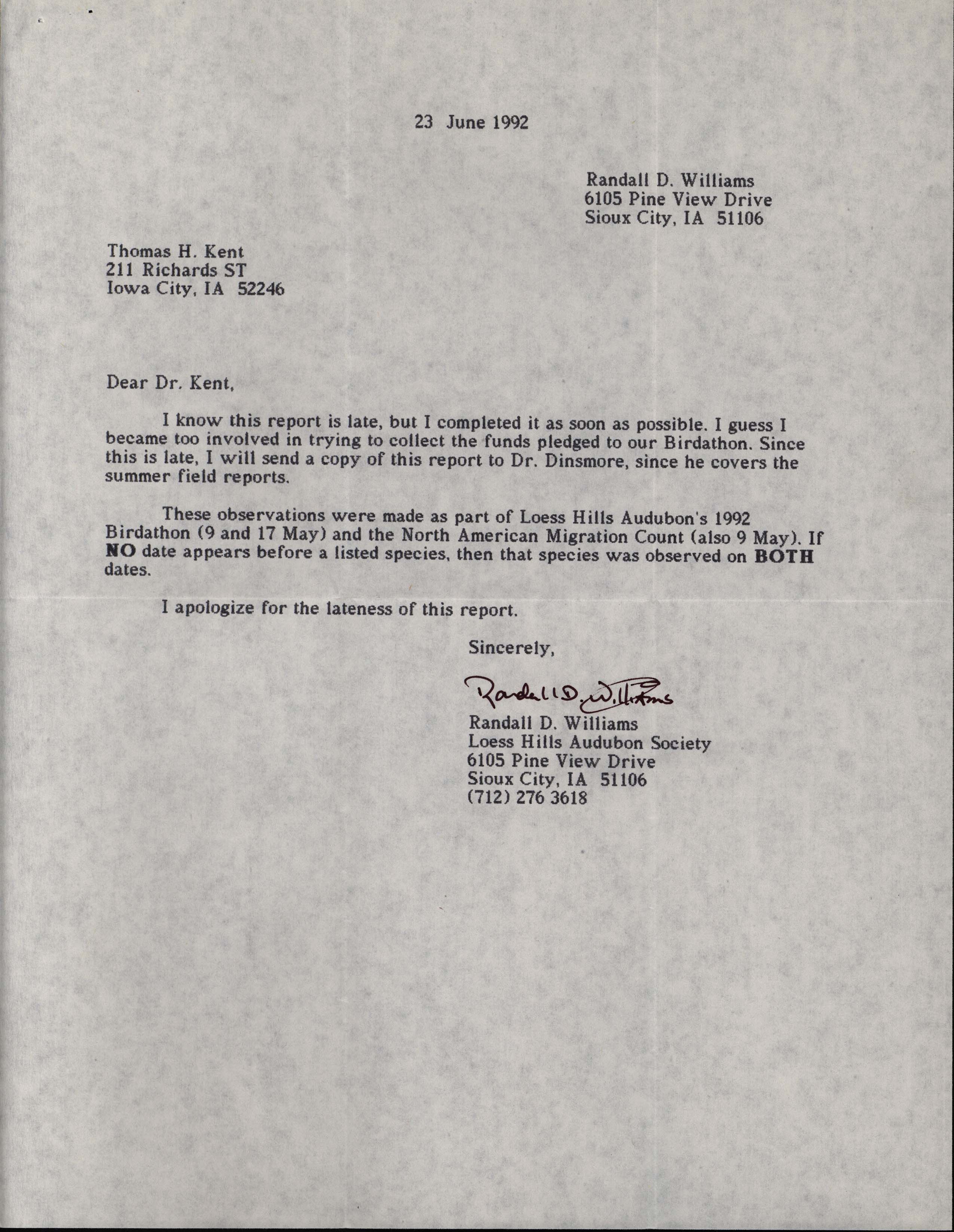 Field notes and Randall D. Williams letter to Thomas H. Kent, June 23, 1992