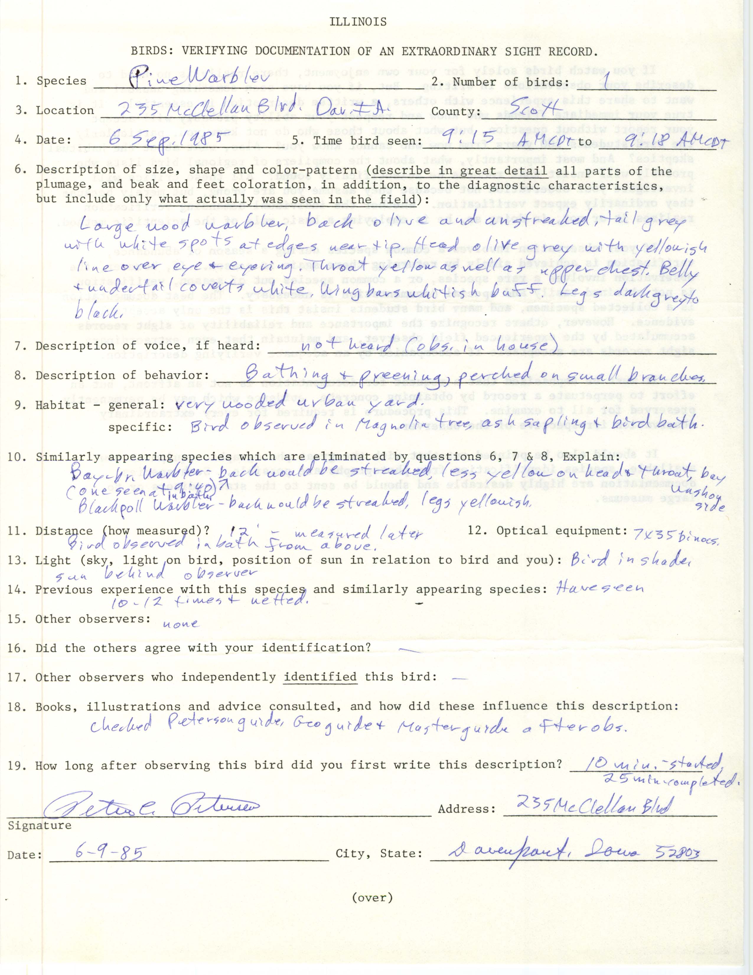 Rare bird documentation form for Pine Warbler at Davenport, 1985