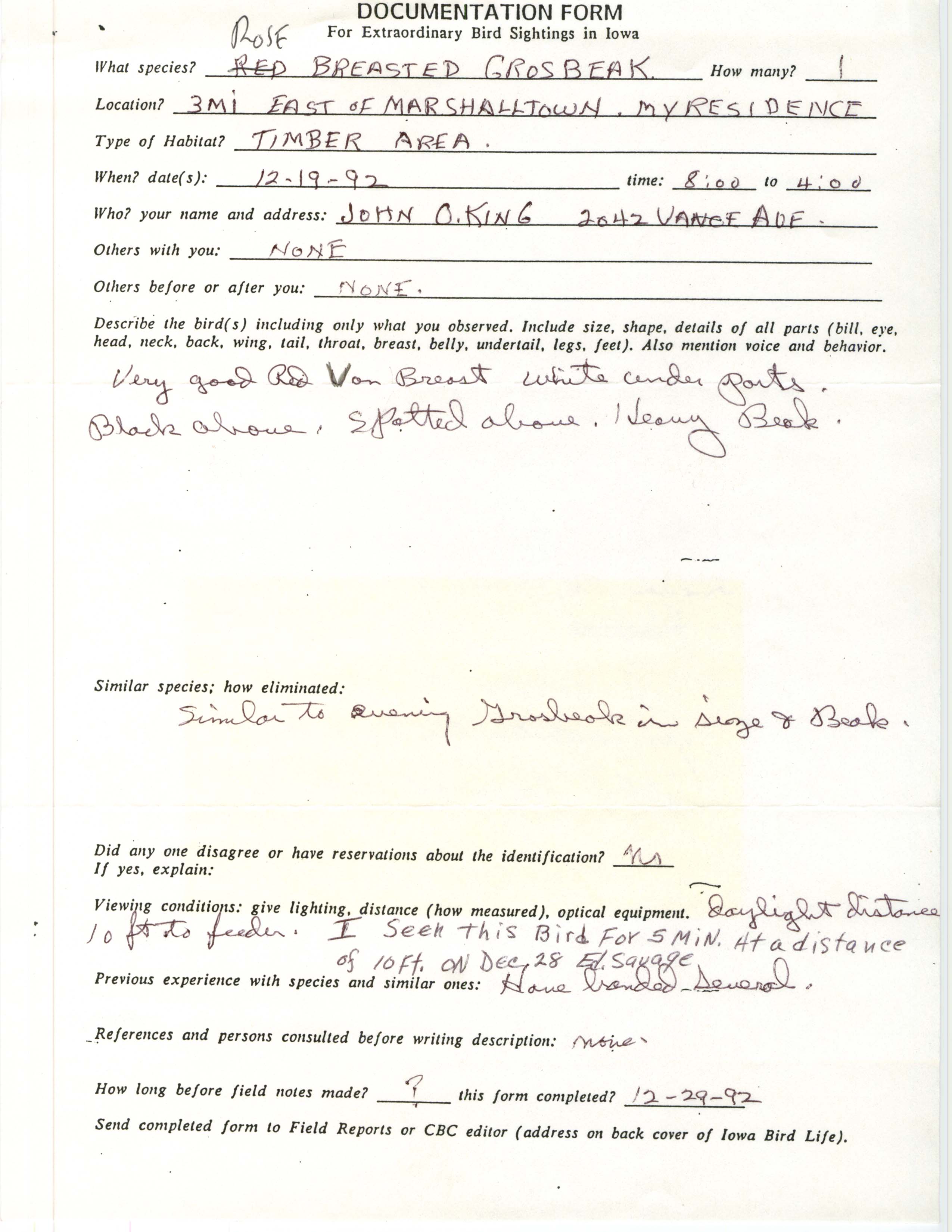 Rare bird documentation form for Rose-breasted Grosbeak east of Marshalltown in 1992