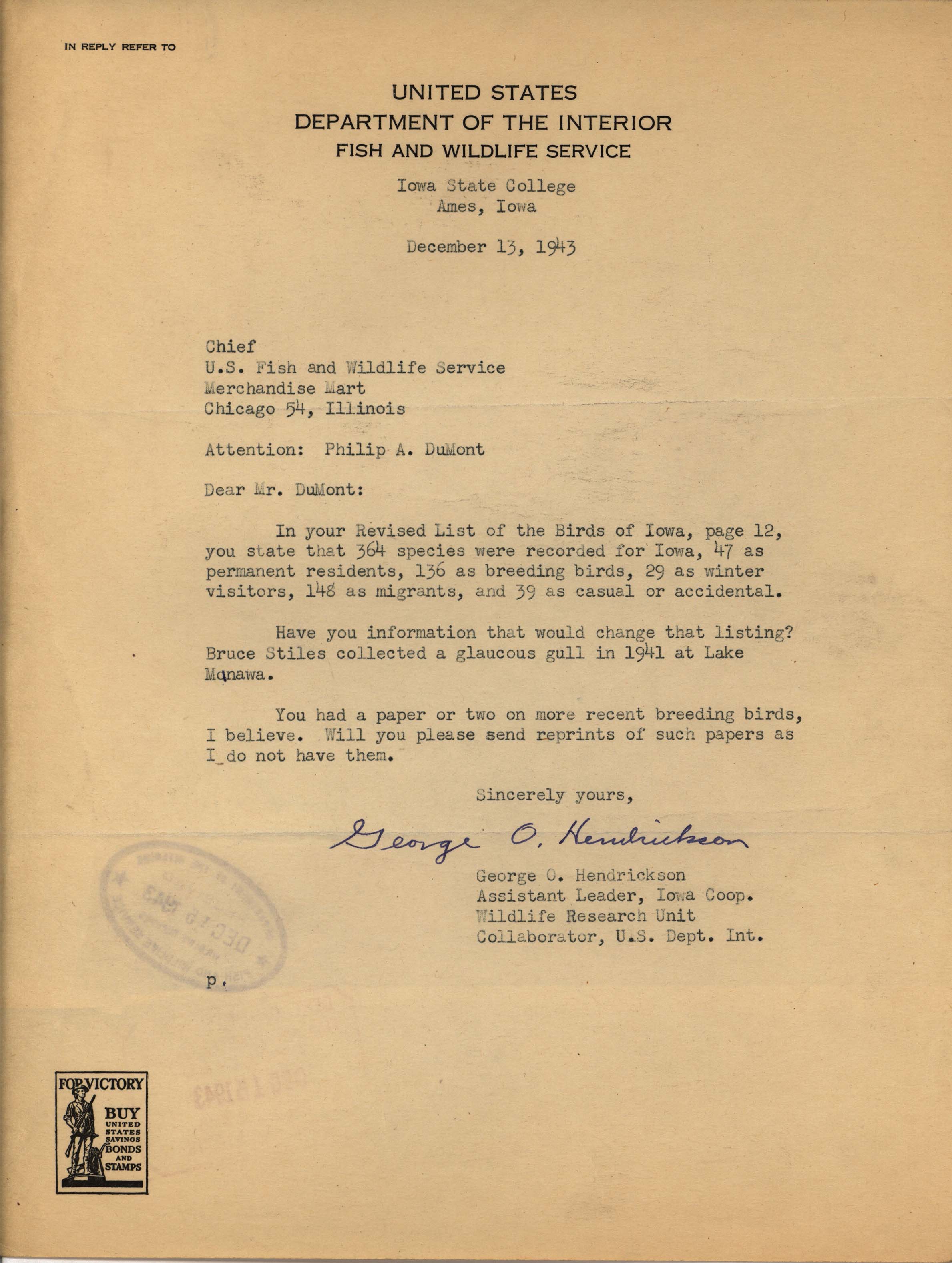 George Hendrickson letter to Philip DuMont regarding updates to the Revised List of the Birds of Iowa, December 13, 1943