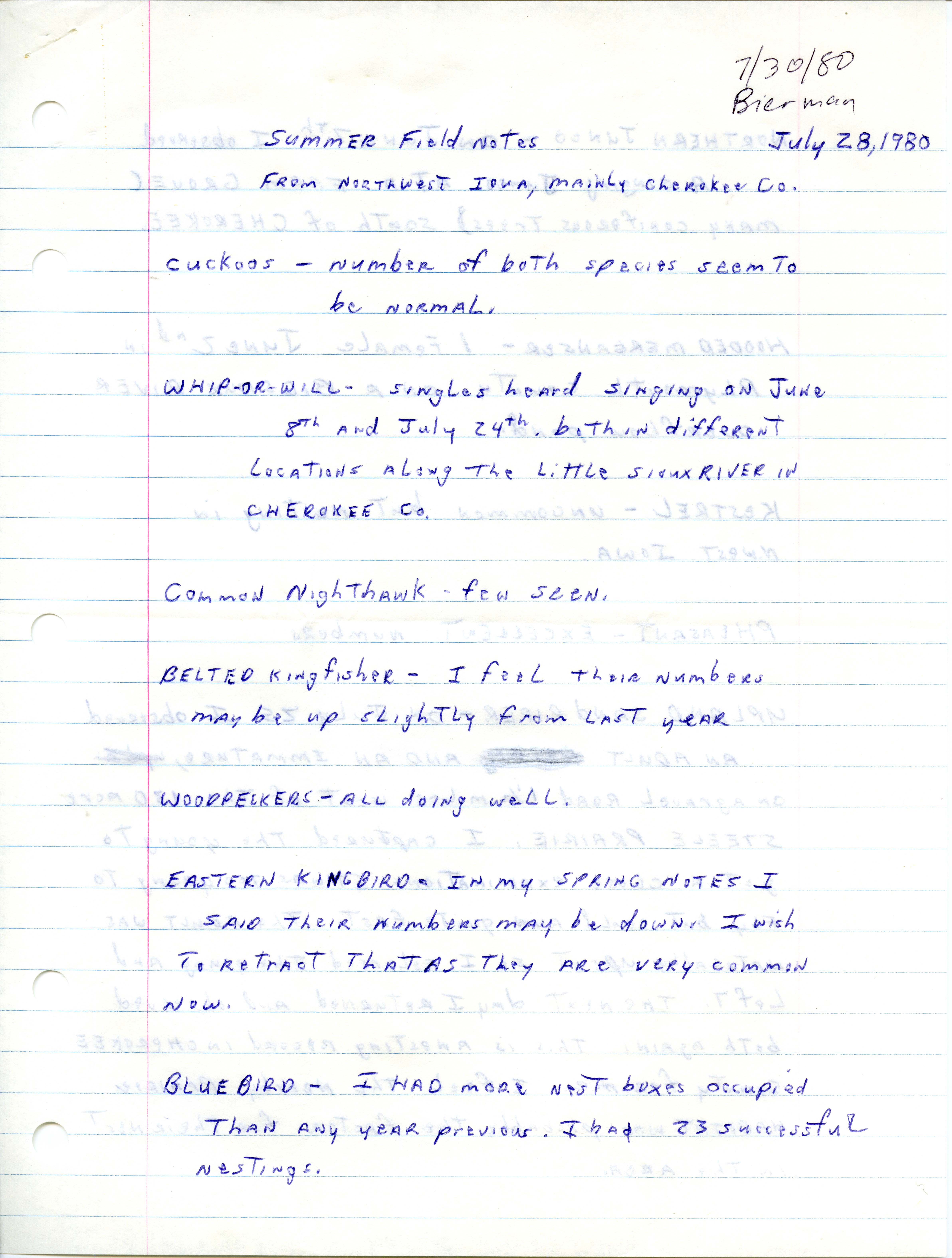 Field notes contributed by Dick Bierman, July 28, 1980