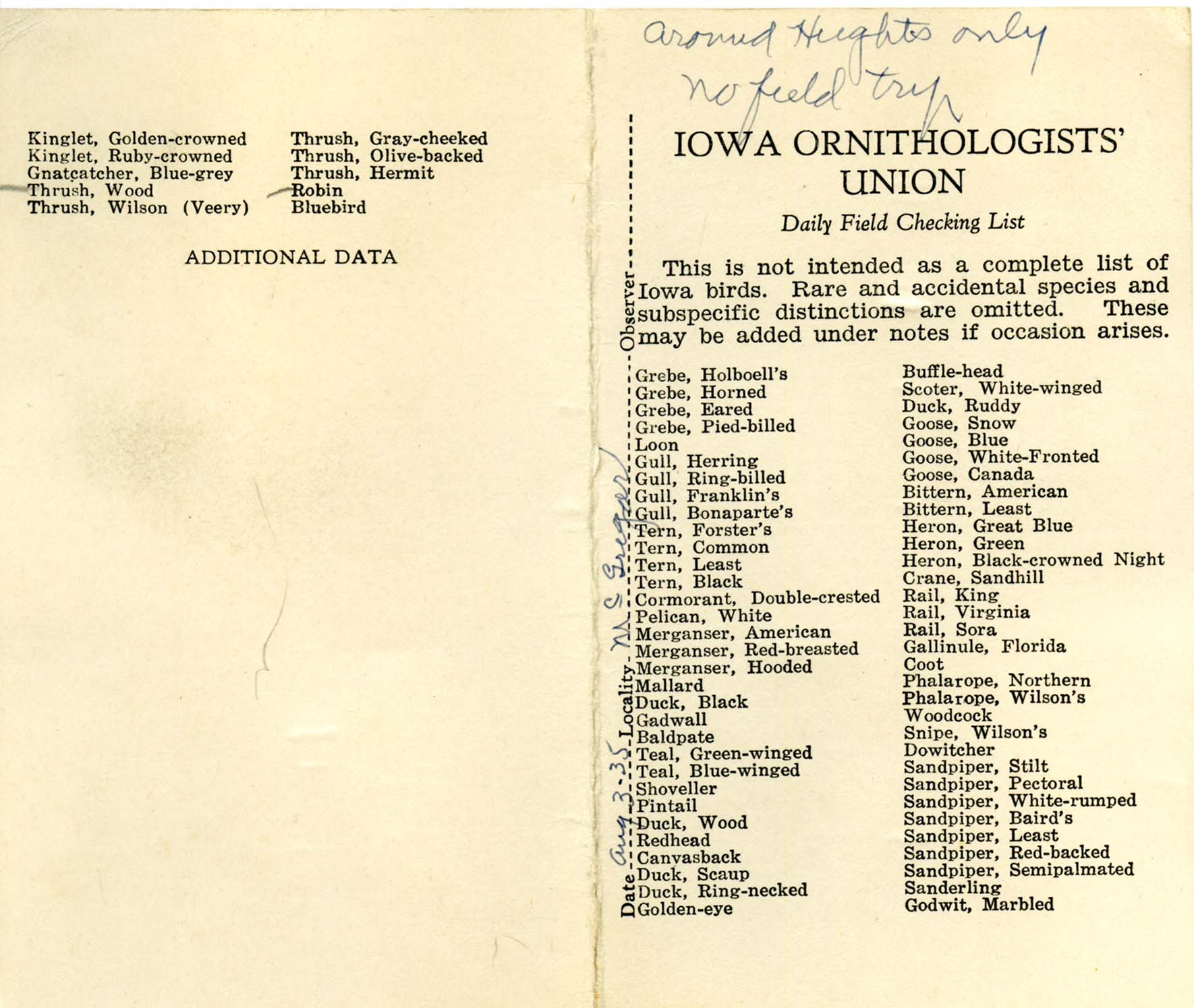Daily field checking list, Walter Rosene, August 3, 1935