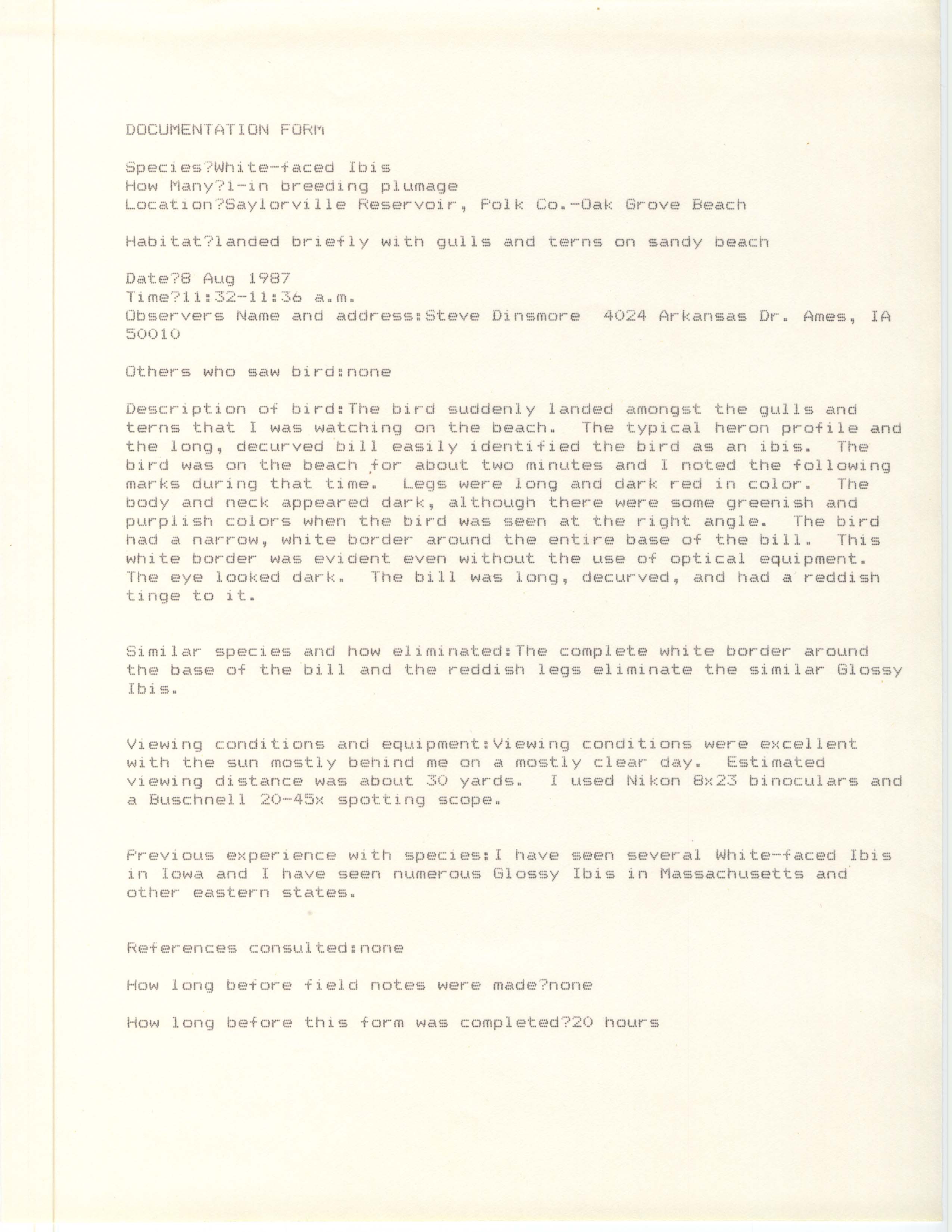 Rare bird documentation form for White-faced Ibis at Saylorville Reservoir, 1987
