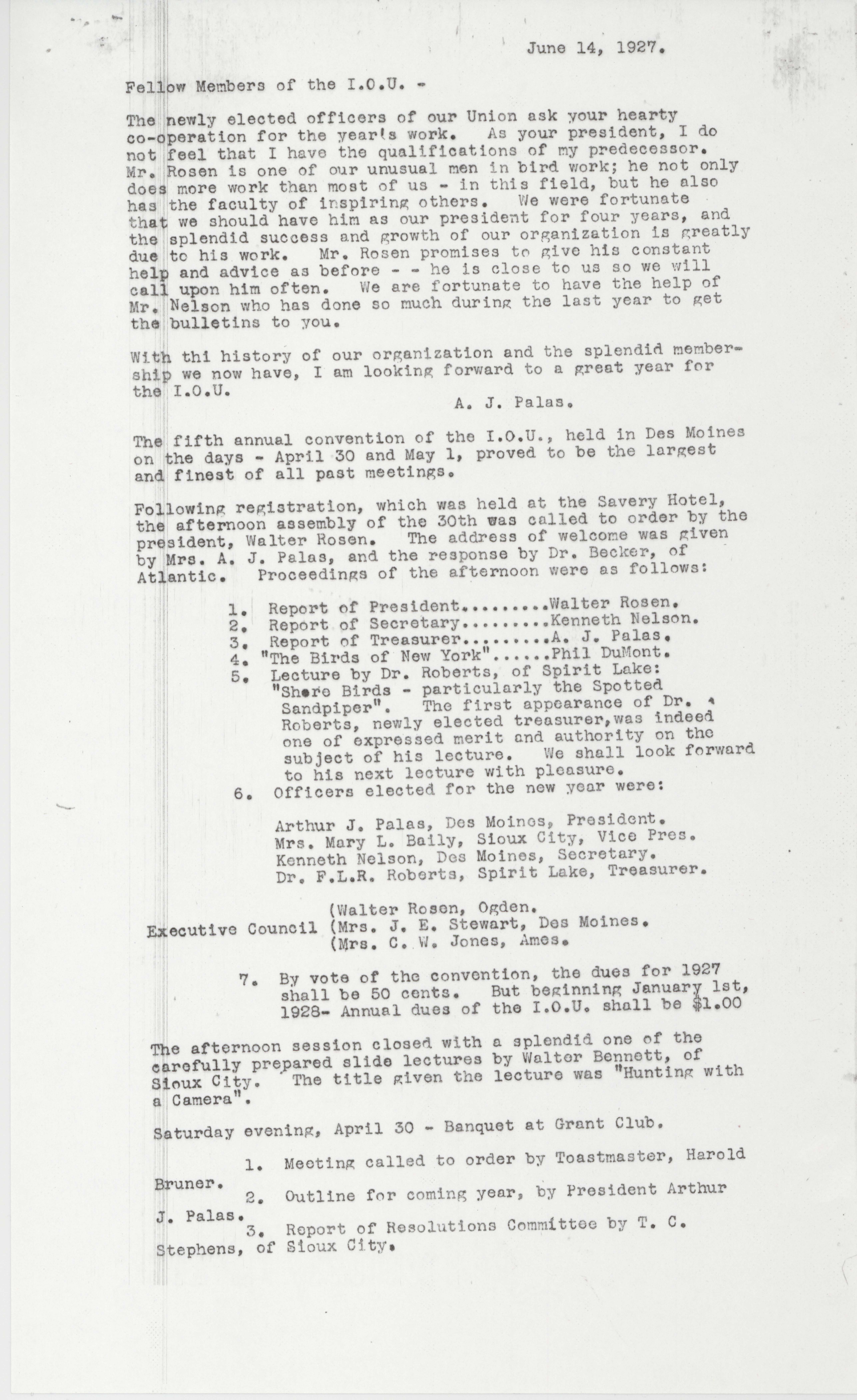 Letter to members of the Iowa Ornithologists' Union regarding the annual convention, June 14, 1927